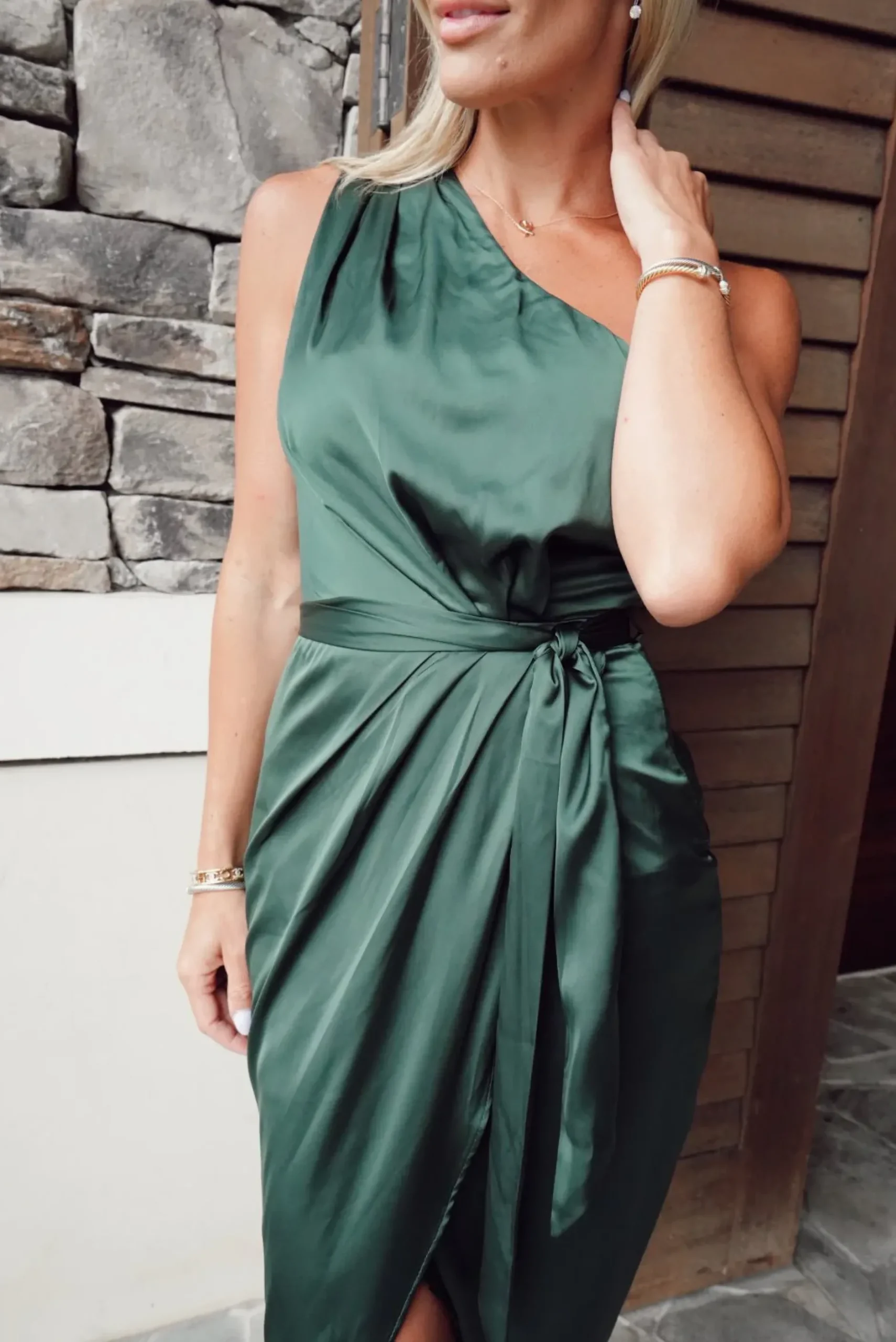 Baltic Born BEST SELLERS|Celia One Shoulder Midi Dress | Dark Green