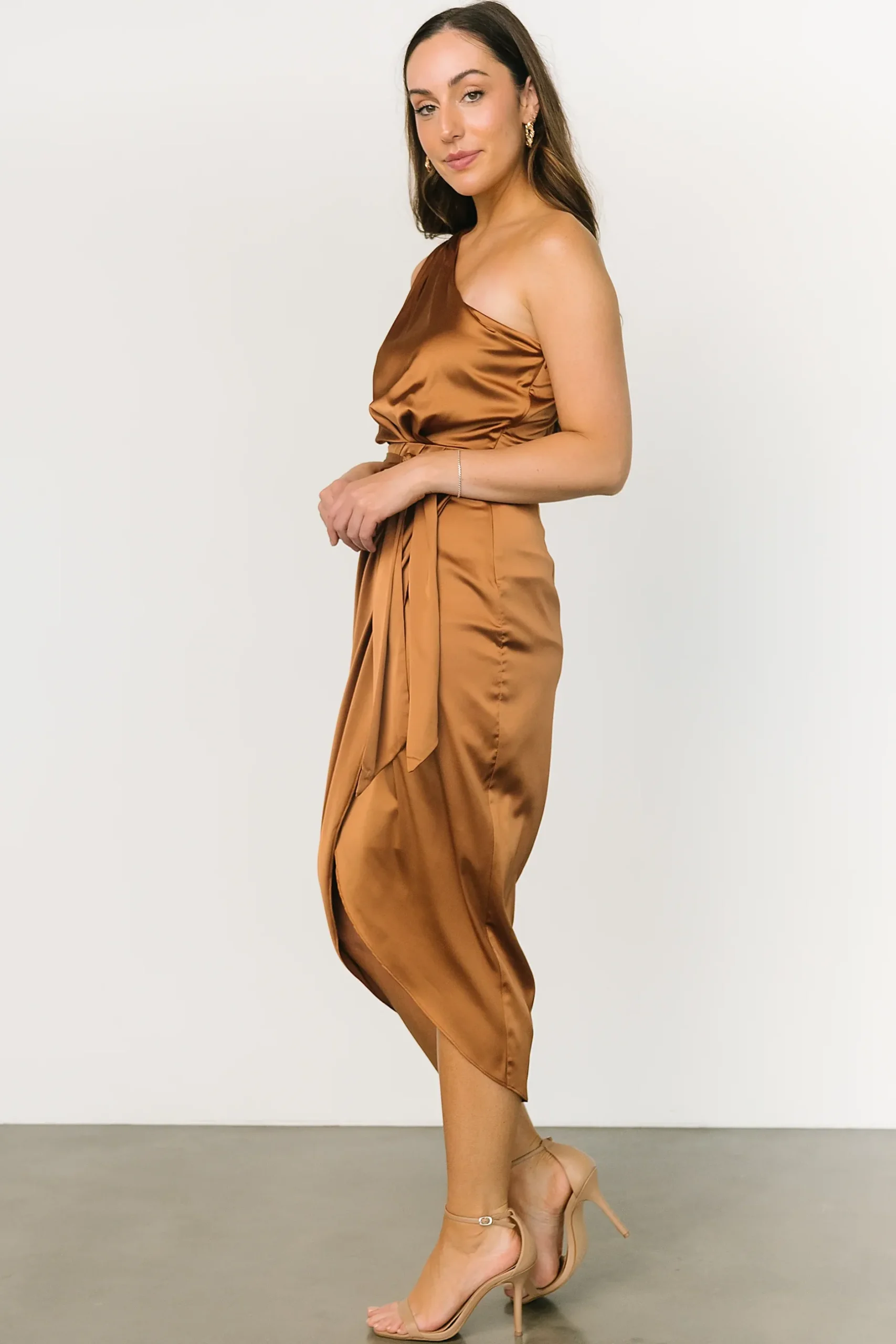 Baltic Born BEST SELLERS|Celia One Shoulder Midi Dress | Bronze