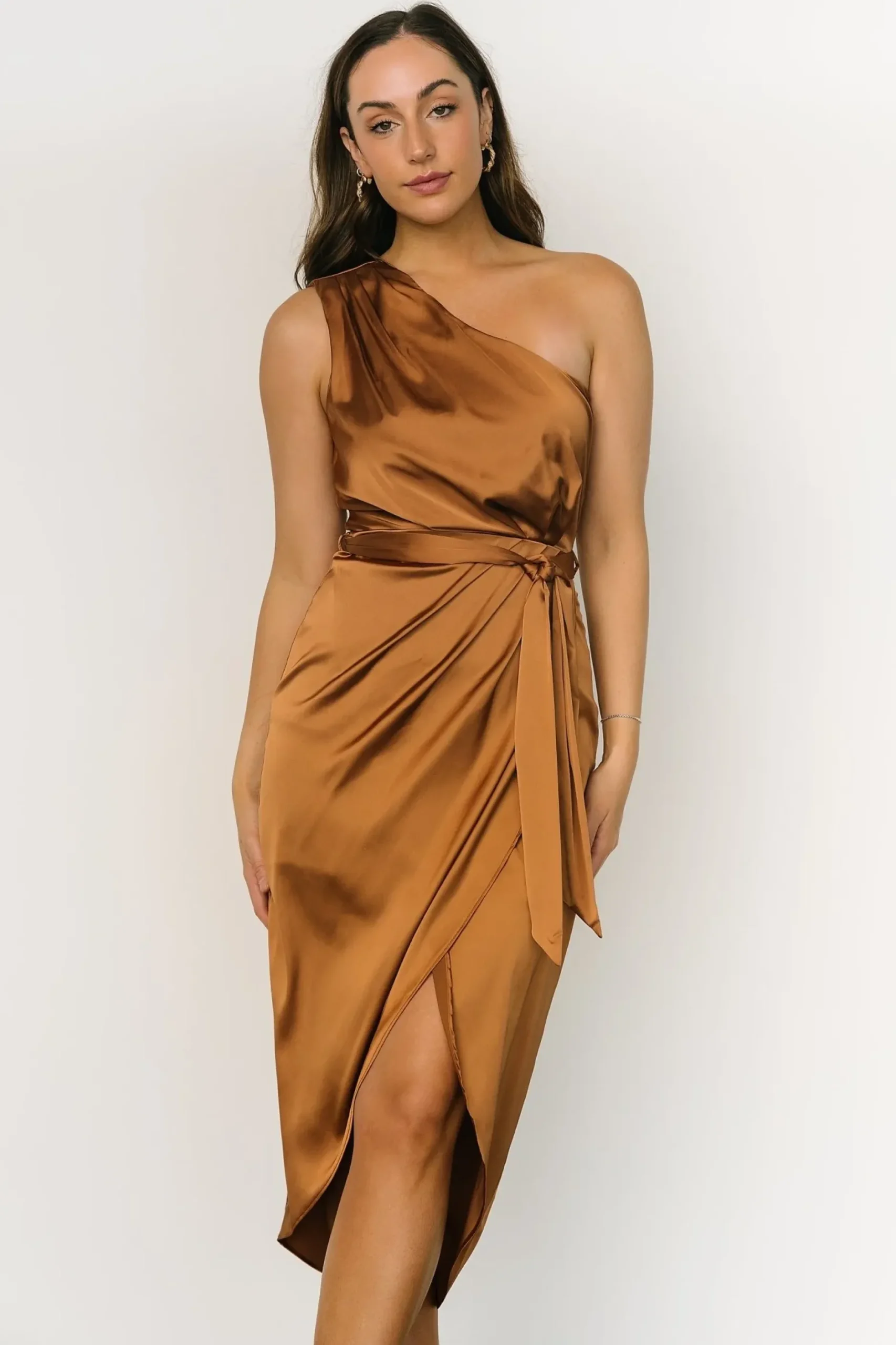 Baltic Born BEST SELLERS|Celia One Shoulder Midi Dress | Bronze