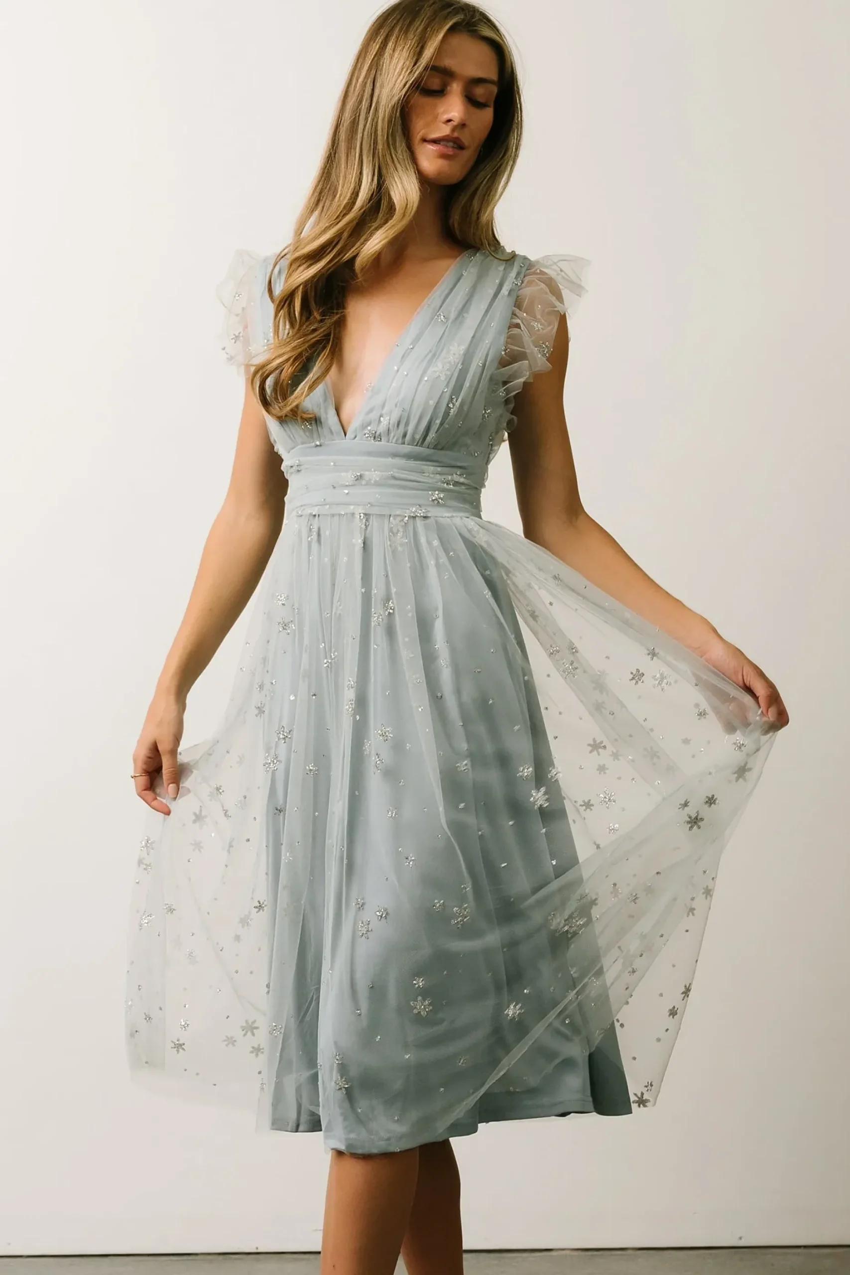 Baltic Born COMING SOON|Chiara Shimmer Midi Dress | Dusty Blue + Silver