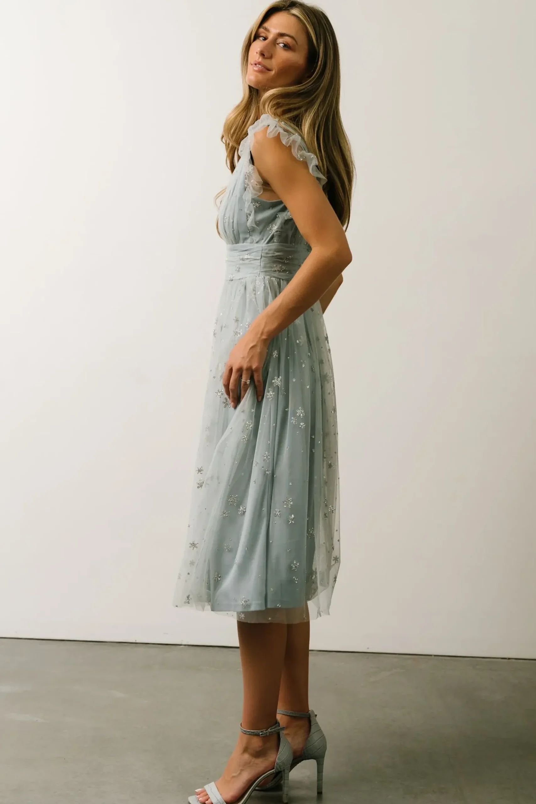 Baltic Born COMING SOON|Chiara Shimmer Midi Dress | Dusty Blue + Silver