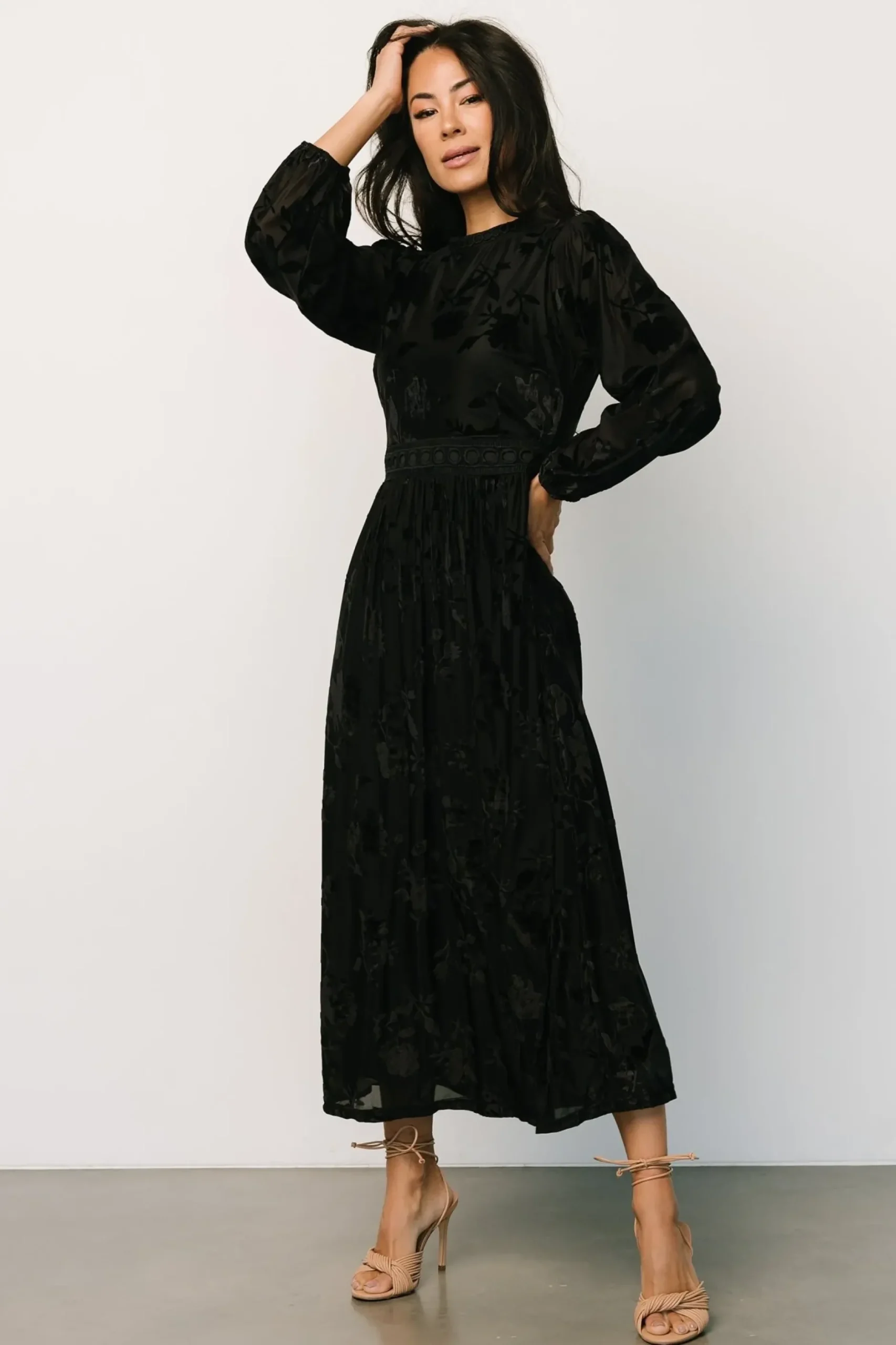 Baltic Born midi dresses|WEDDING SUITE|Christine Velvet Embossed Midi Dress | Black