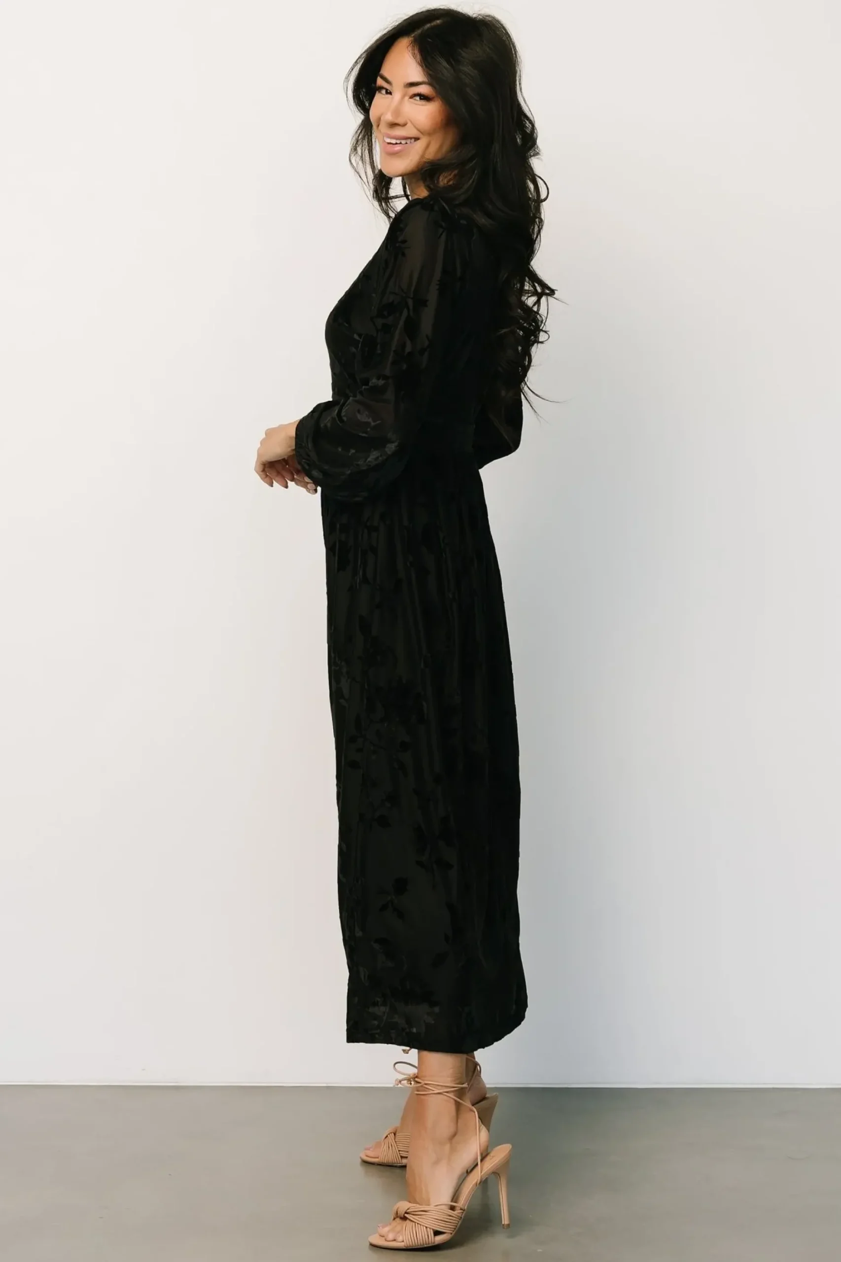 Baltic Born midi dresses|WEDDING SUITE|Christine Velvet Embossed Midi Dress | Black