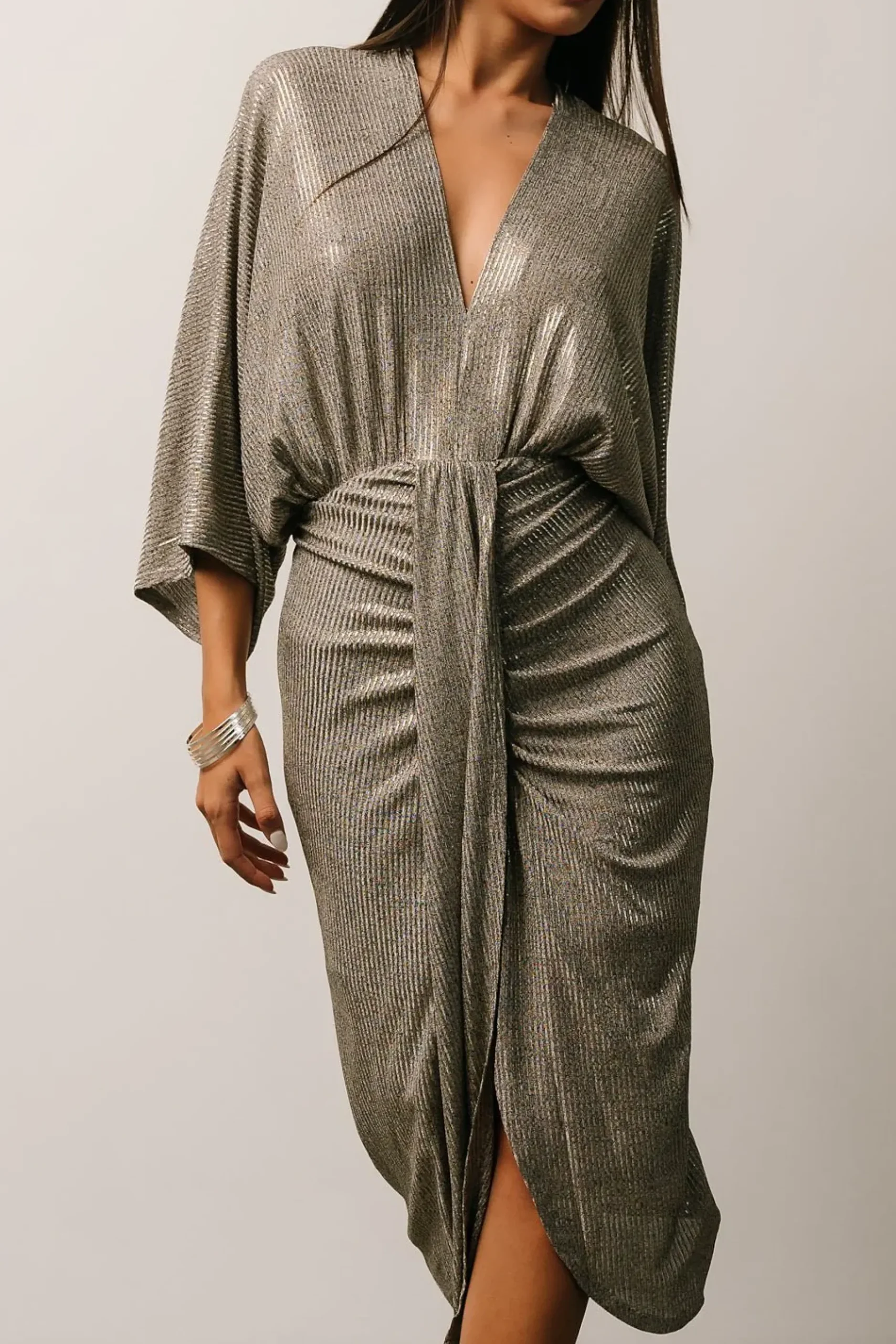 Baltic Born midi dresses|WEDDING SUITE|Ciara Ruched Midi Dress | Silver Metallic