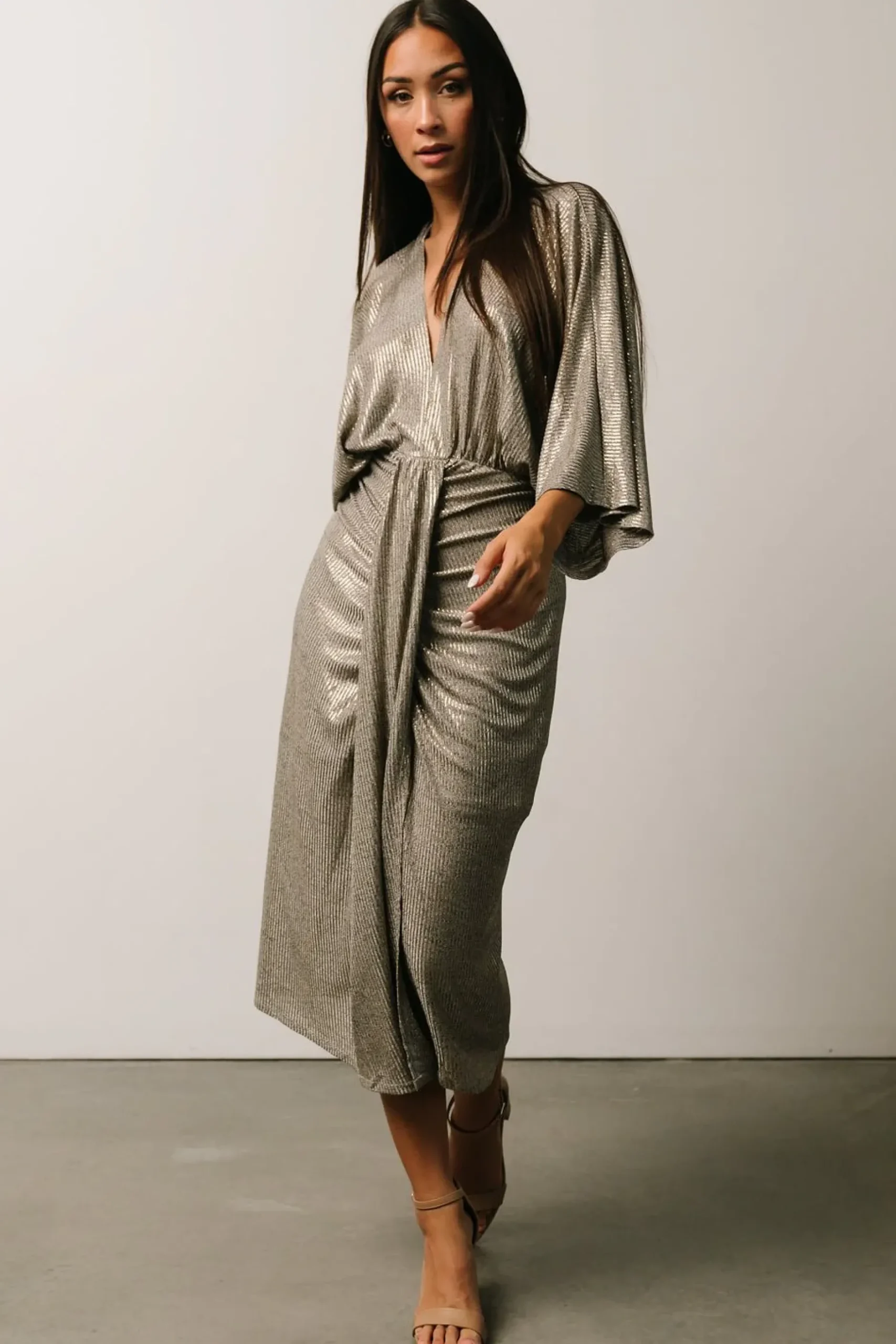Baltic Born midi dresses|WEDDING SUITE|Ciara Ruched Midi Dress | Silver Metallic