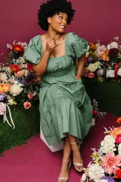 Baltic Born midi dresses|Cindy Puff Sleeve Tiered Dress | Dusty Green