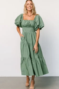 Baltic Born midi dresses|Cindy Puff Sleeve Tiered Dress | Dusty Green