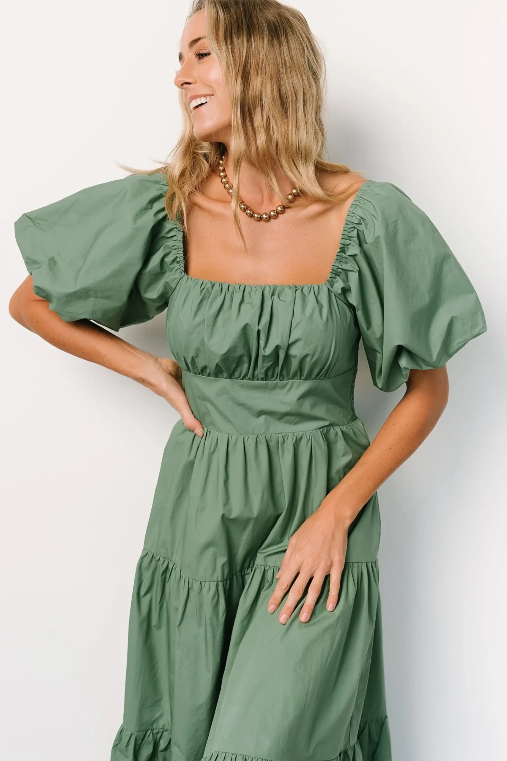 Baltic Born midi dresses|Cindy Puff Sleeve Tiered Dress | Dusty Green