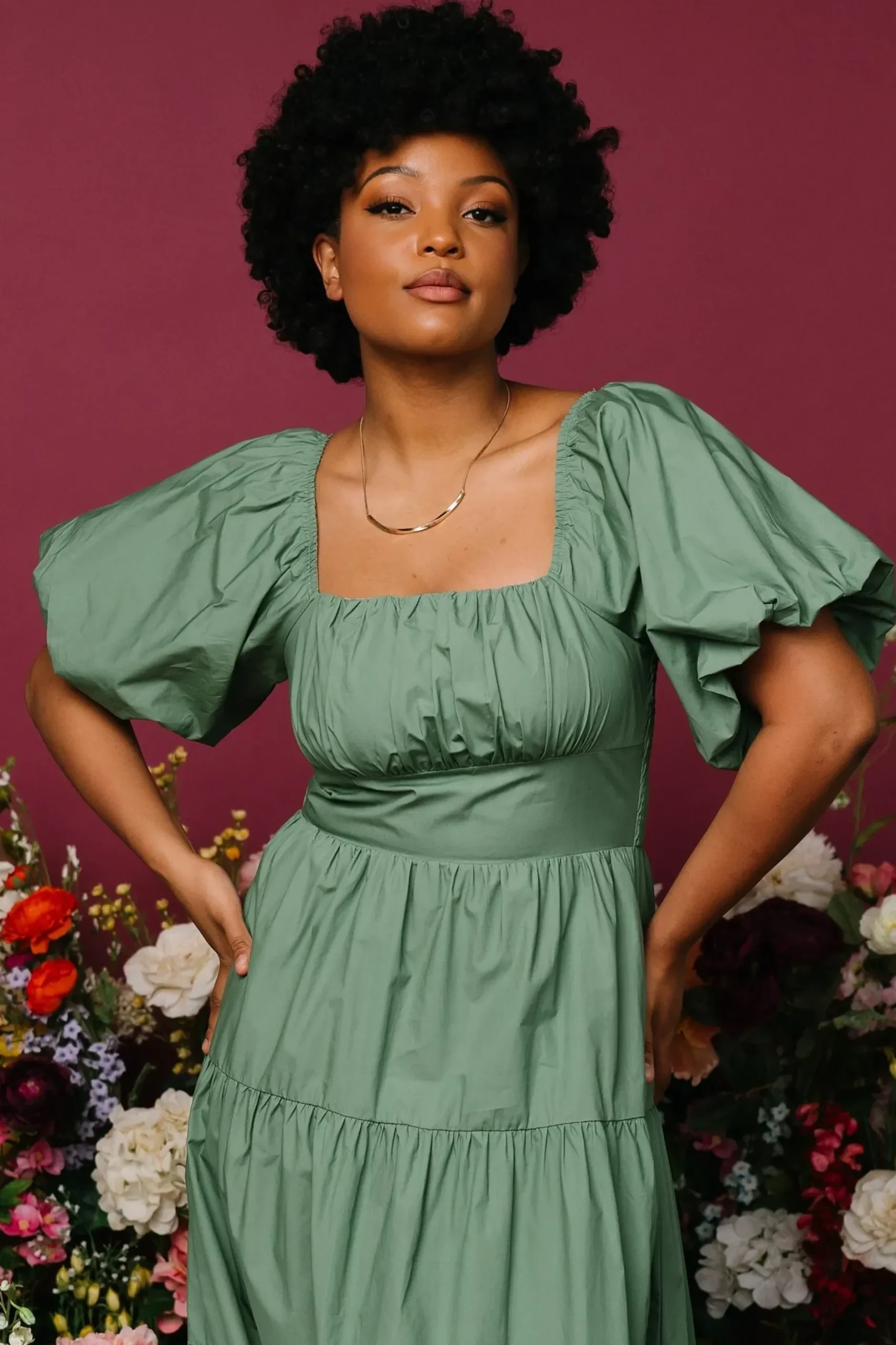 Baltic Born midi dresses|Cindy Puff Sleeve Tiered Dress | Dusty Green
