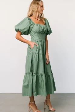 Baltic Born midi dresses|Cindy Puff Sleeve Tiered Dress | Dusty Green