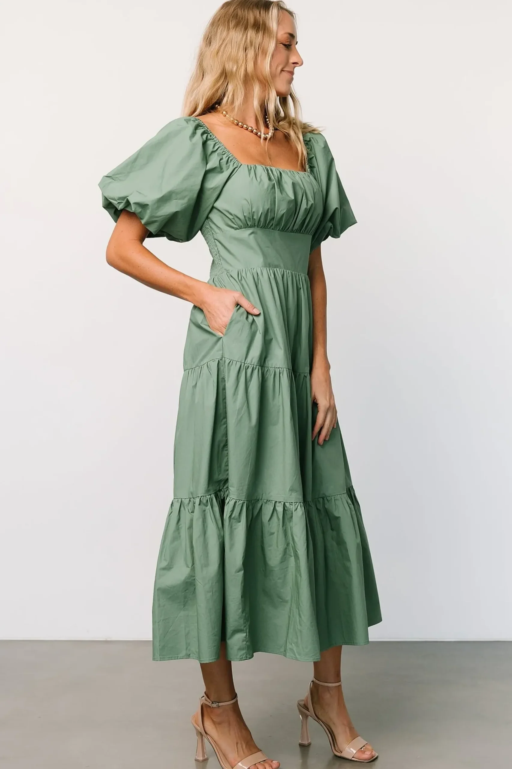 Baltic Born midi dresses|Cindy Puff Sleeve Tiered Dress | Dusty Green