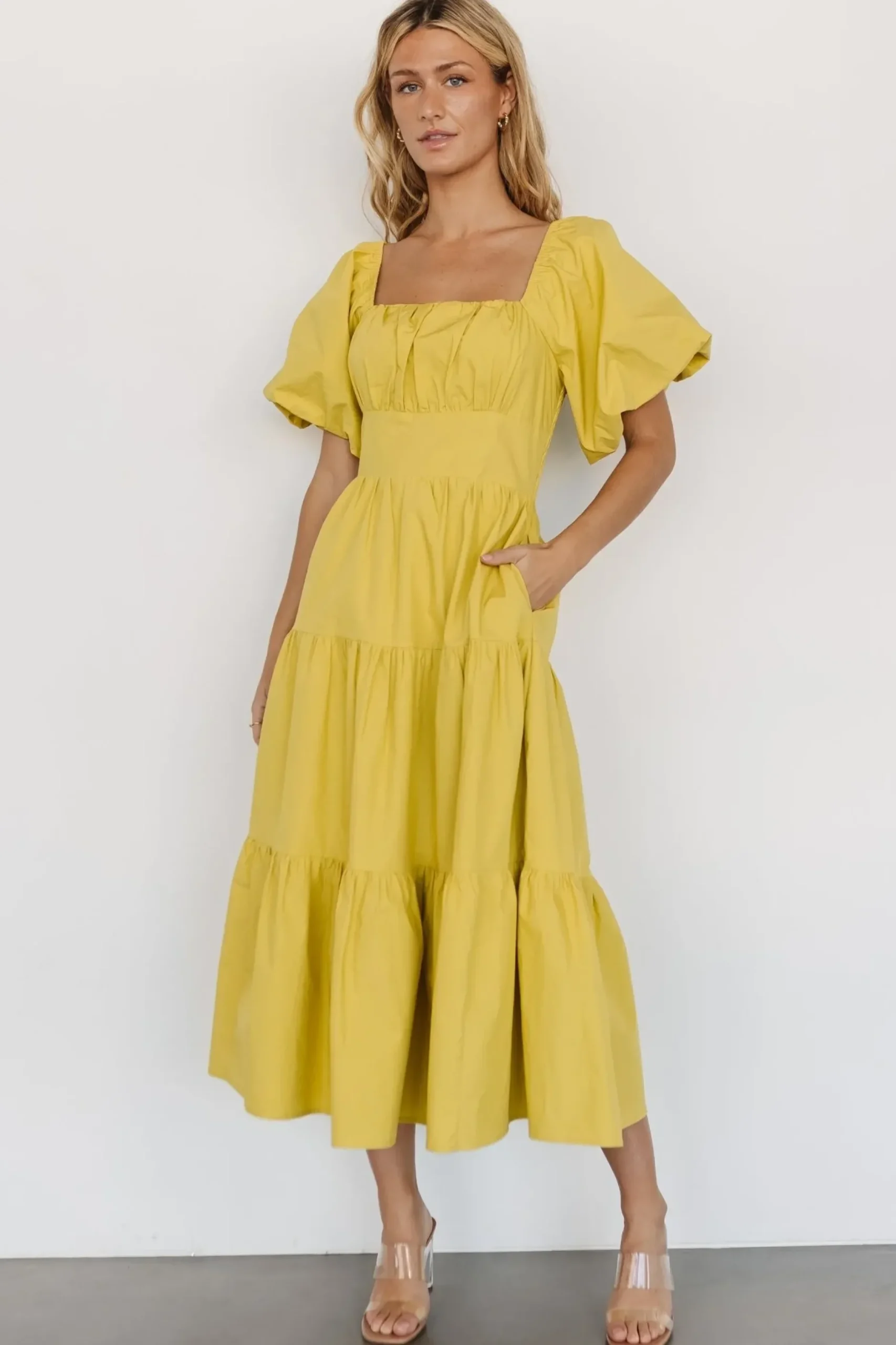 Baltic Born midi dresses|Cindy Puff Sleeve Tiered Dress | Lemongrass