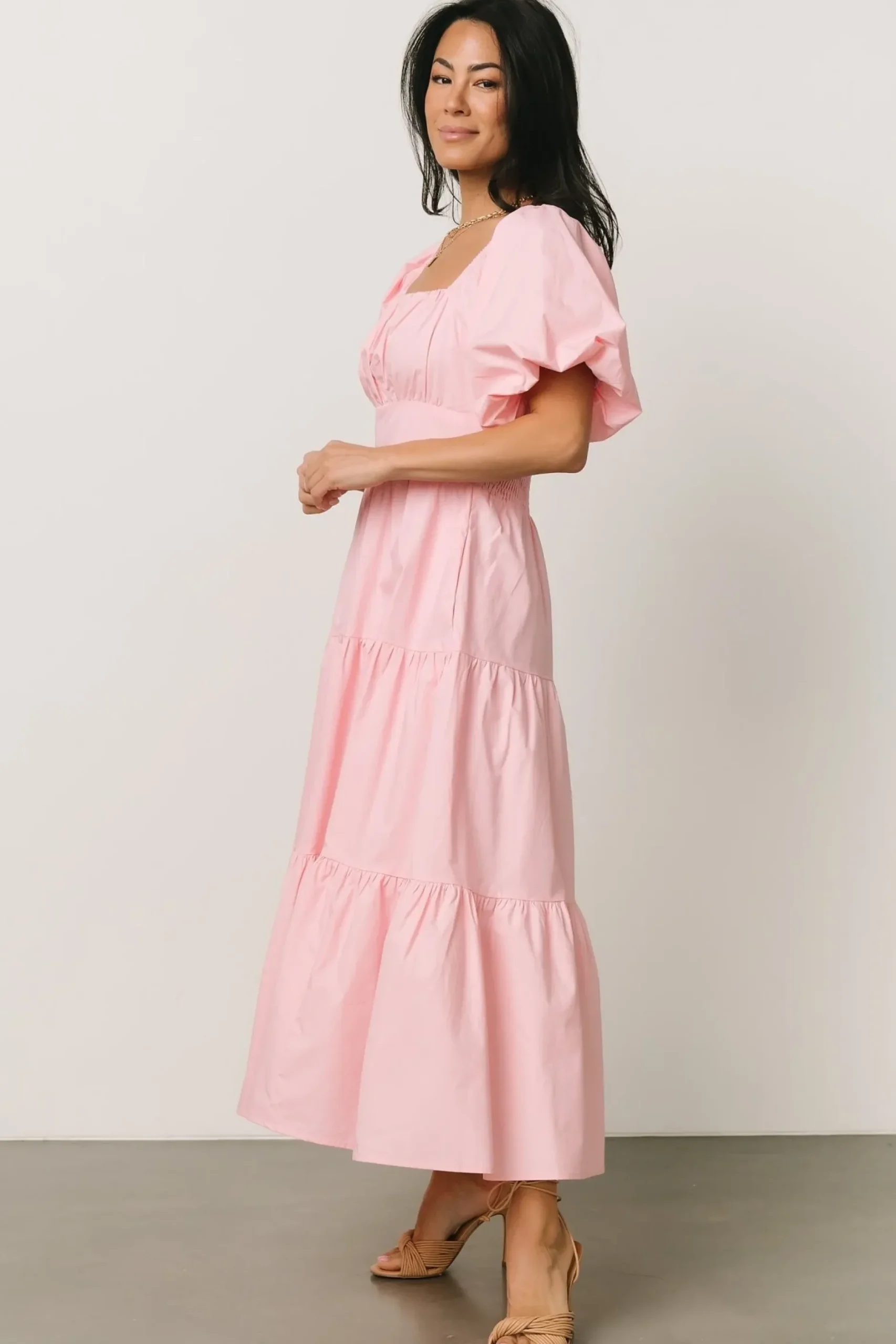 Baltic Born midi dresses|Cindy Puff Sleeve Tiered Dress | Pink