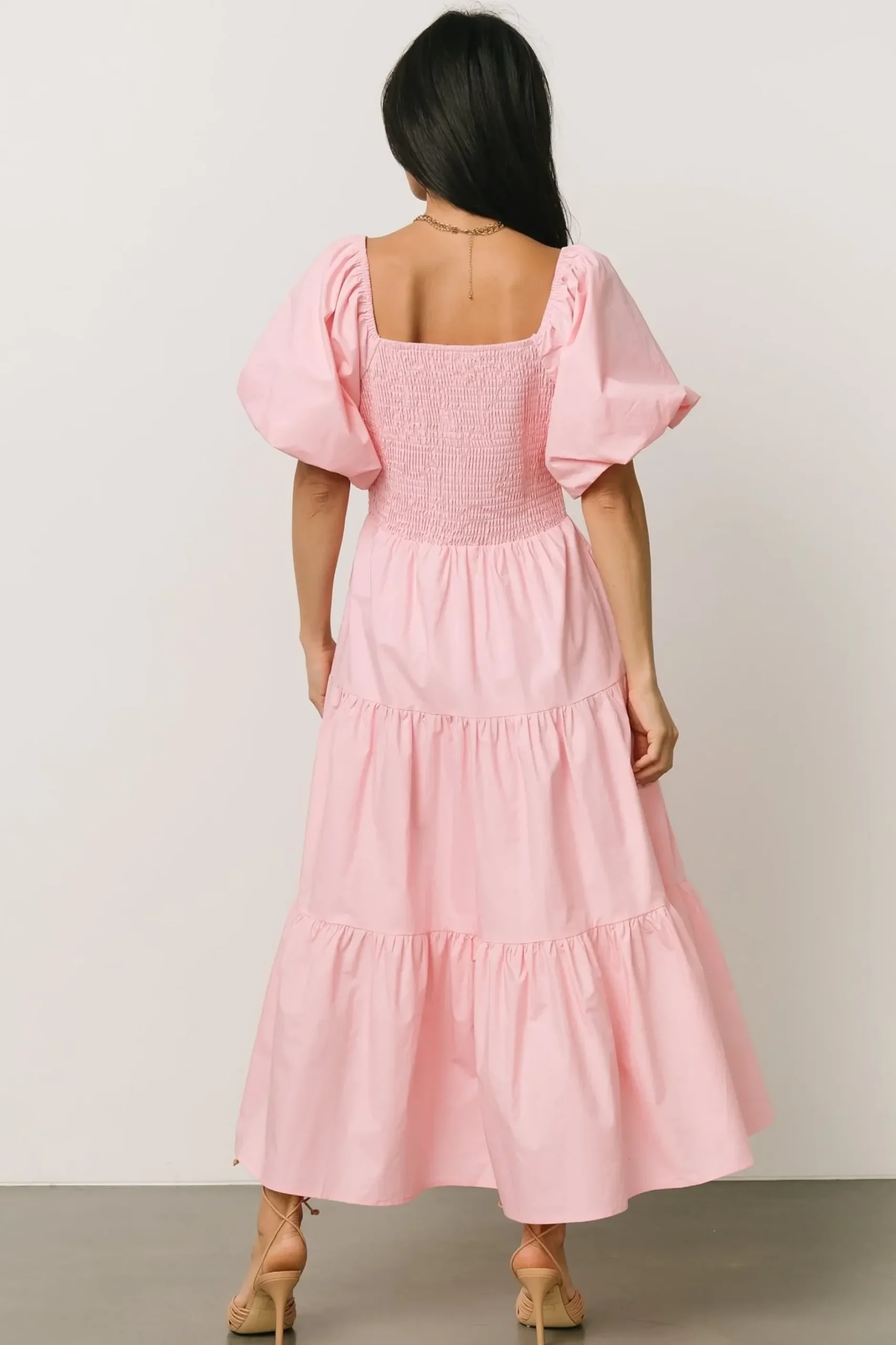 Baltic Born midi dresses|Cindy Puff Sleeve Tiered Dress | Pink