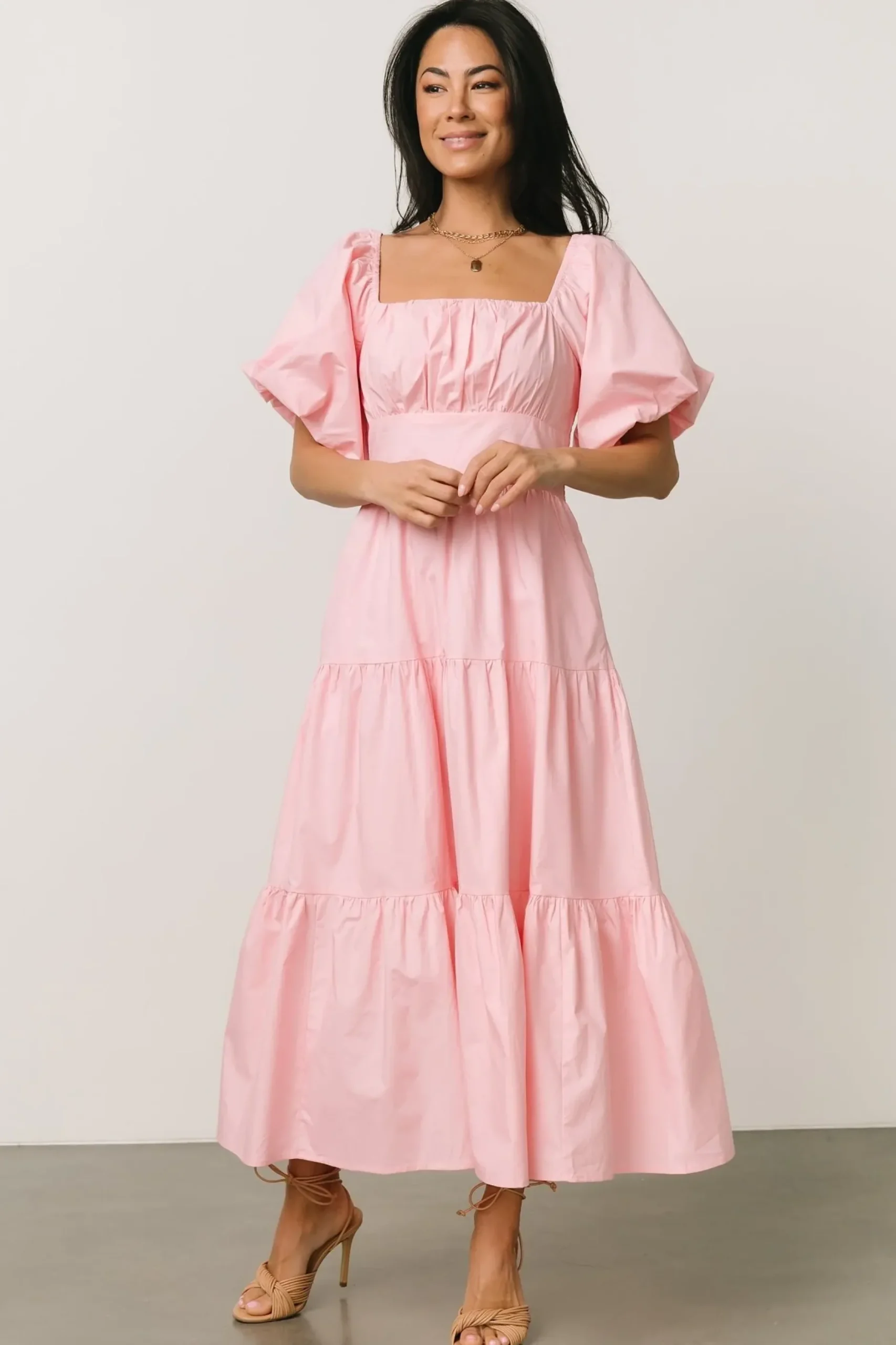 Baltic Born midi dresses|Cindy Puff Sleeve Tiered Dress | Pink