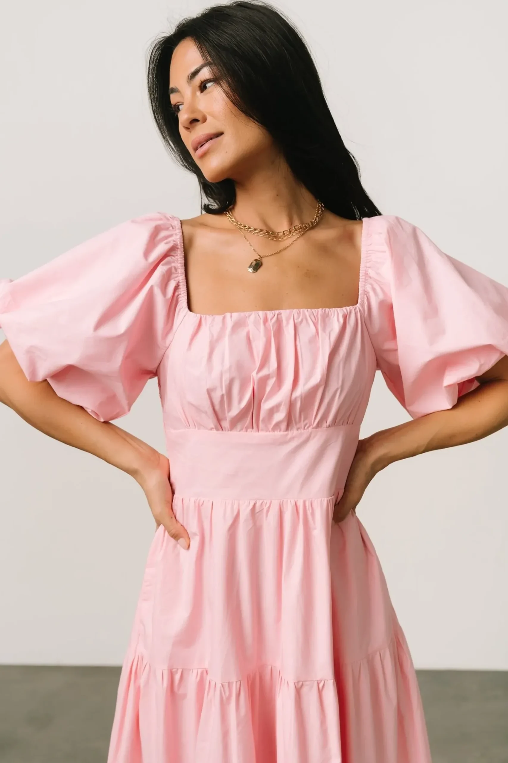 Baltic Born midi dresses|Cindy Puff Sleeve Tiered Dress | Pink