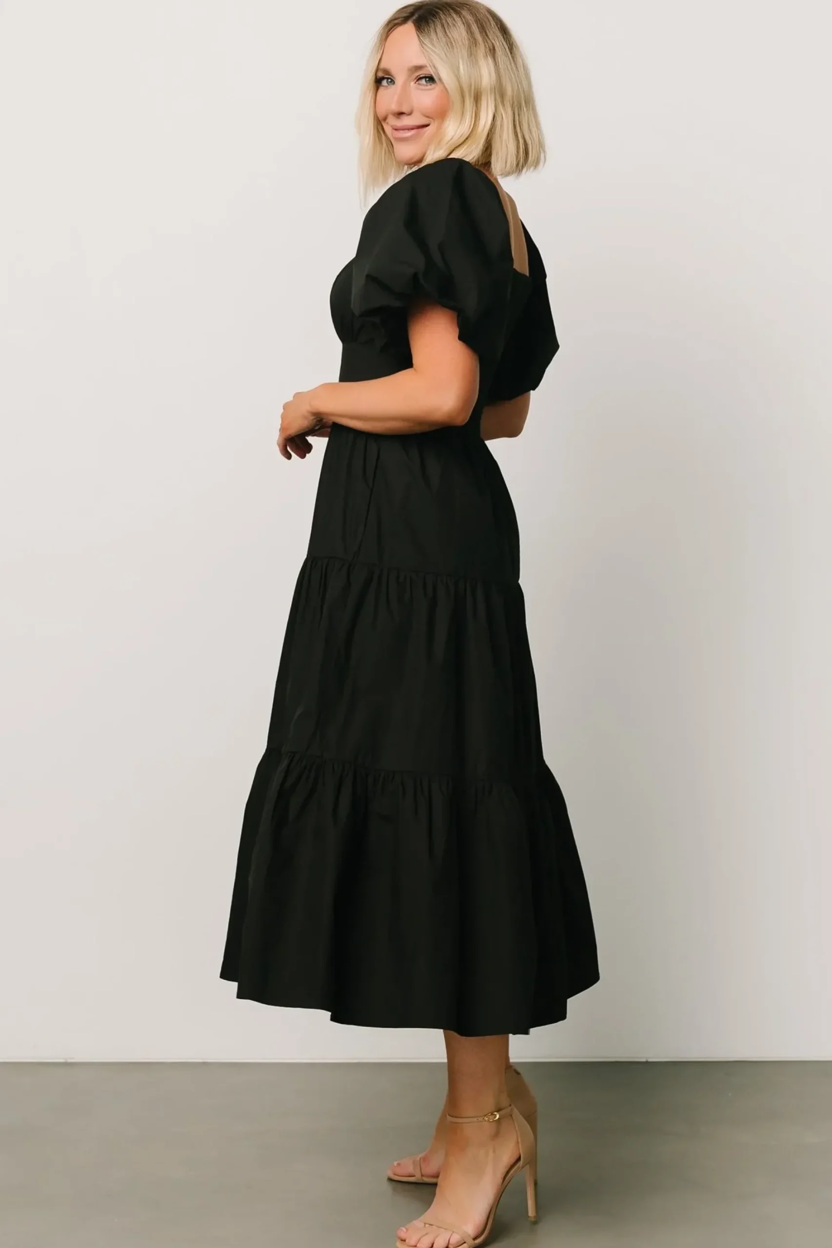 Baltic Born midi dresses|Cindy Puff Sleeve Tiered Dress | Black