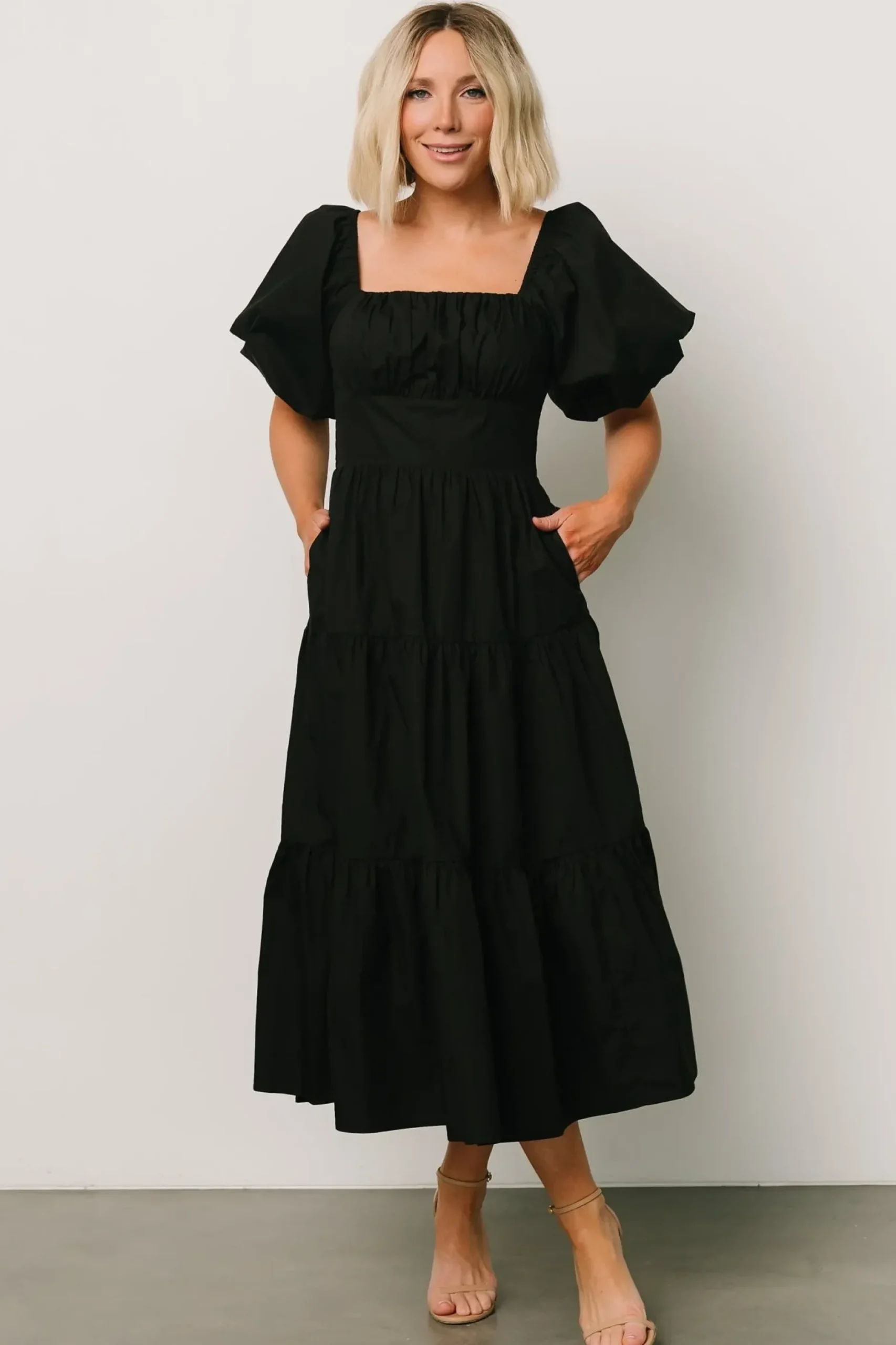 Baltic Born midi dresses|Cindy Puff Sleeve Tiered Dress | Black