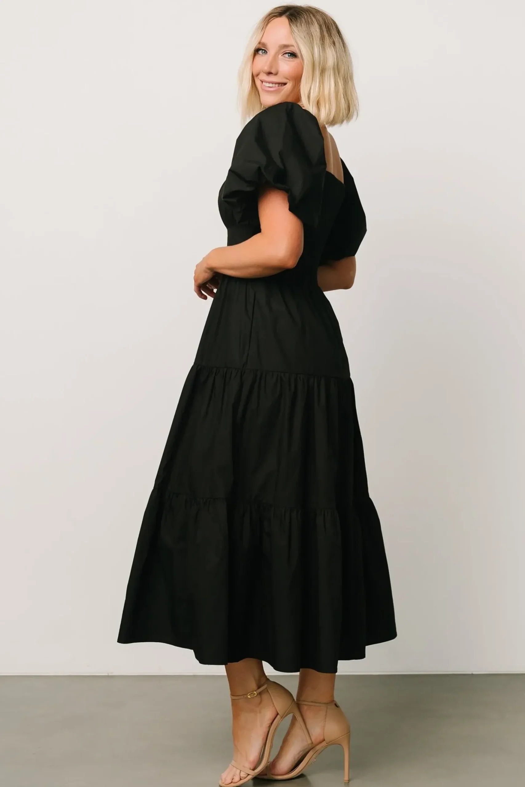 Baltic Born midi dresses|Cindy Puff Sleeve Tiered Dress | Black