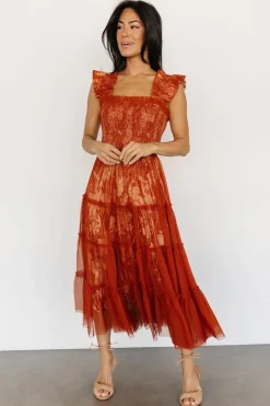 Baltic Born WEDDING SUITE|wedding guest|Cora Smocked Tulle Dress | Rust Floral