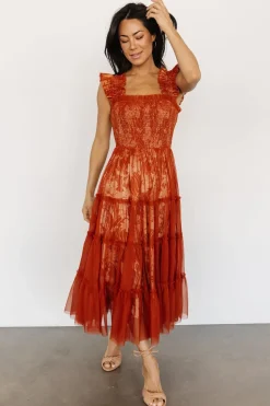 Baltic Born WEDDING SUITE|wedding guest|Cora Smocked Tulle Dress | Rust Floral