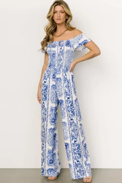 Baltic Born JUMPSUITS + ROMPERS|Cordelia Off Shoulder Jumpsuit | Blue + White