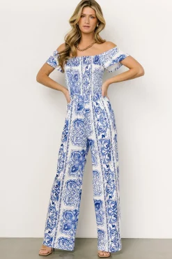 Baltic Born JUMPSUITS + ROMPERS|Cordelia Off Shoulder Jumpsuit | Blue + White