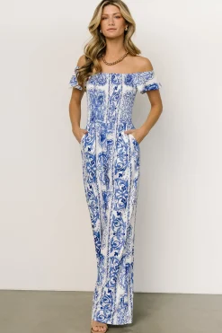 Baltic Born JUMPSUITS + ROMPERS|Cordelia Off Shoulder Jumpsuit | Blue + White