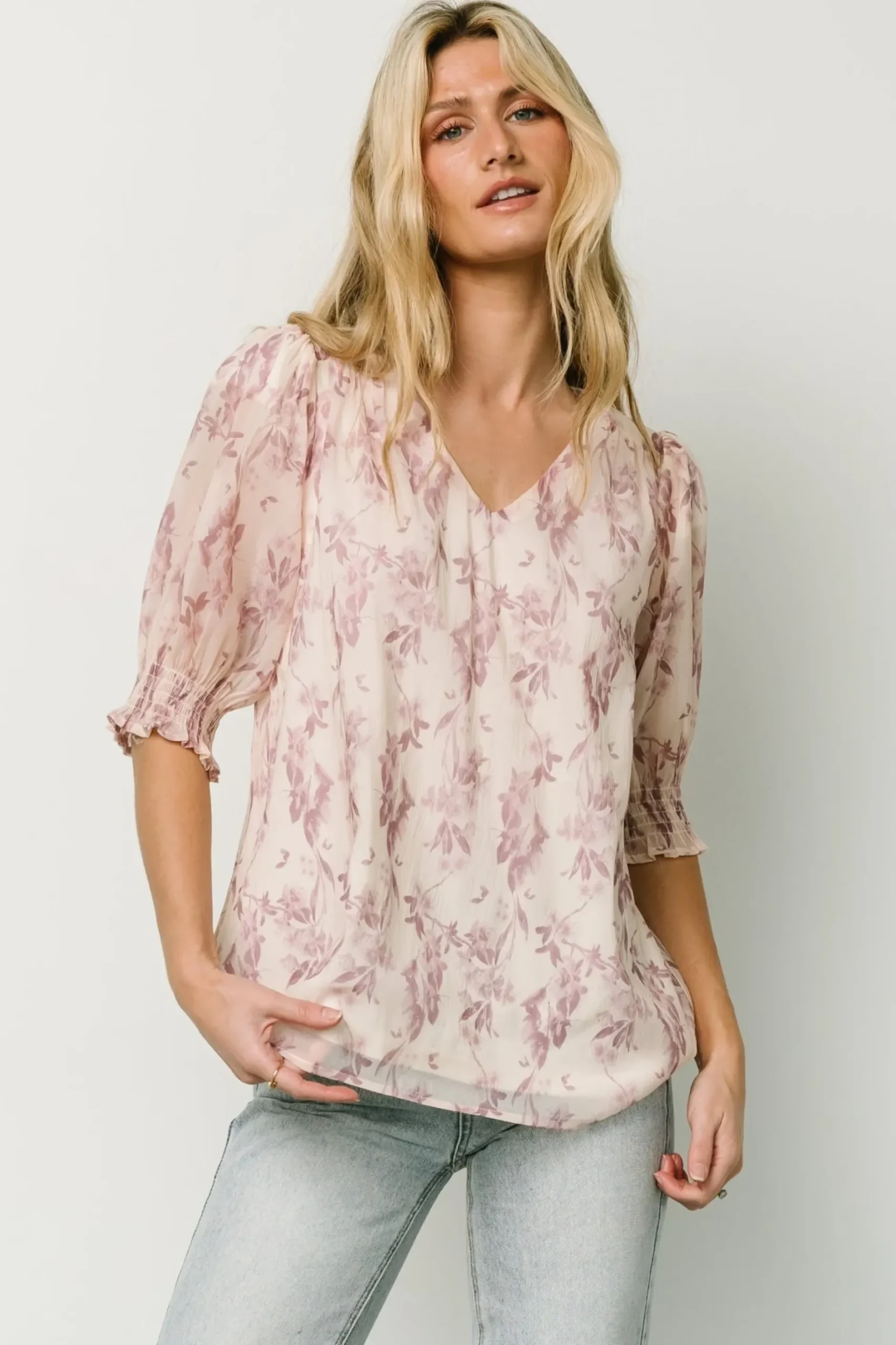 Baltic Born blouses + shirts|Cordova Top | Beige + Mauve Floral