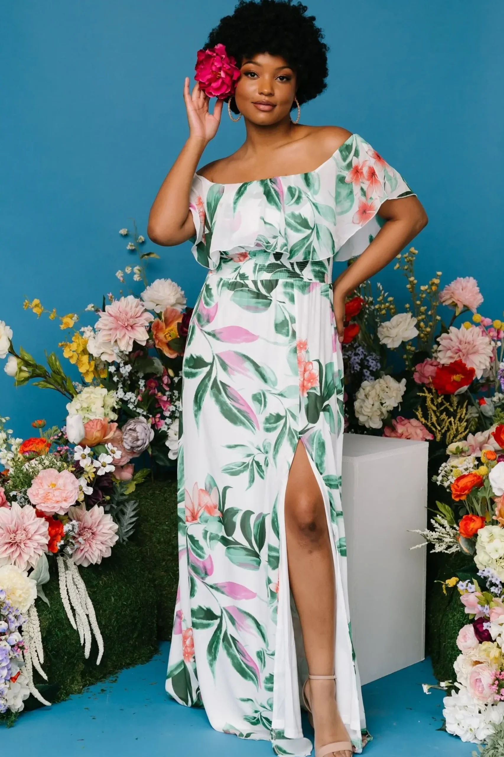 Baltic Born maxi dresses|Daphne Off Shoulder Maxi Dress | White + Green Multi Floral