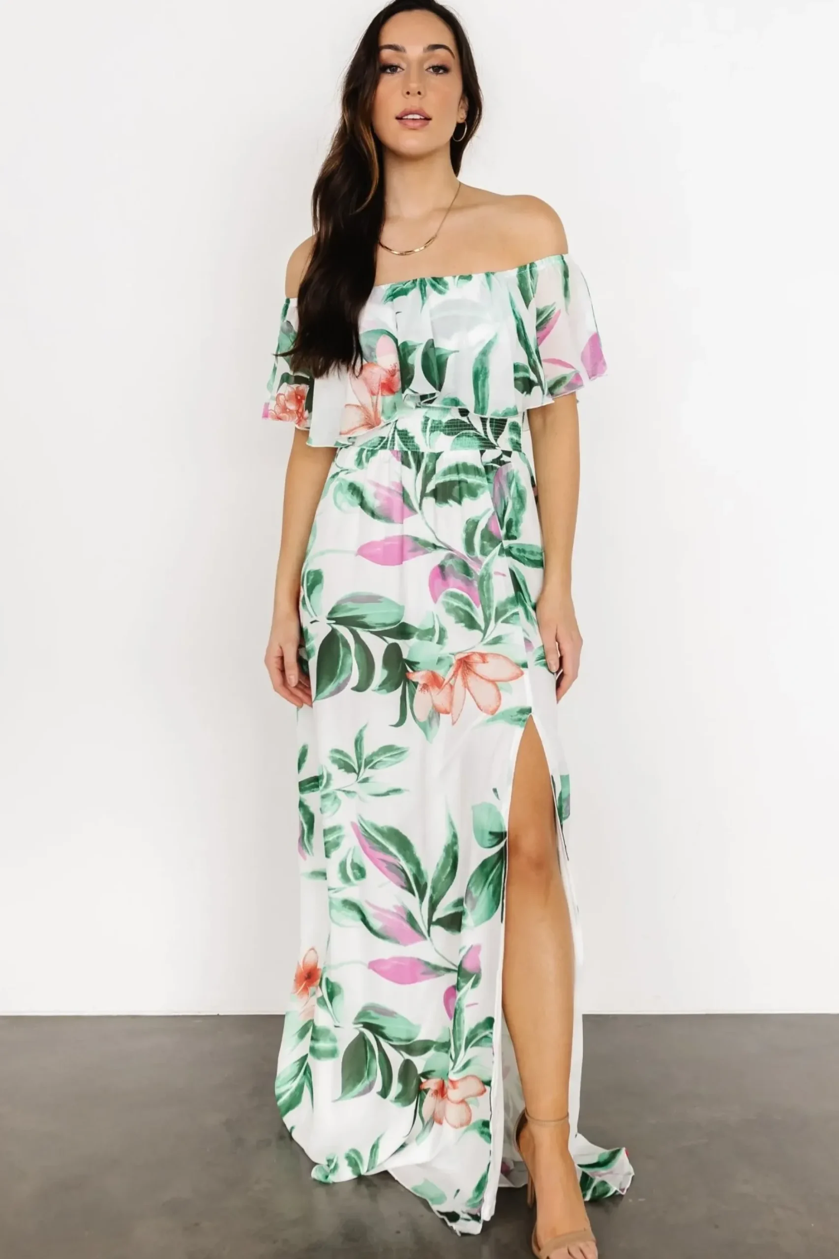 Baltic Born maxi dresses|Daphne Off Shoulder Maxi Dress | White + Green Multi Floral