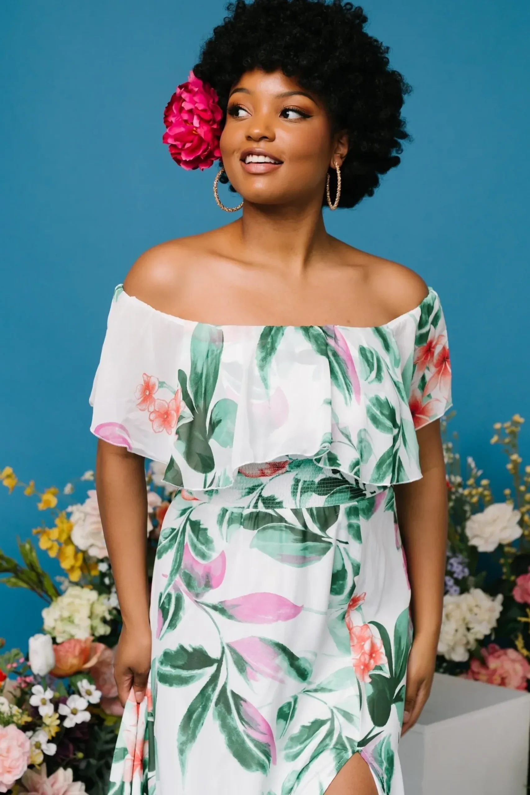 Baltic Born maxi dresses|Daphne Off Shoulder Maxi Dress | White + Green Multi Floral