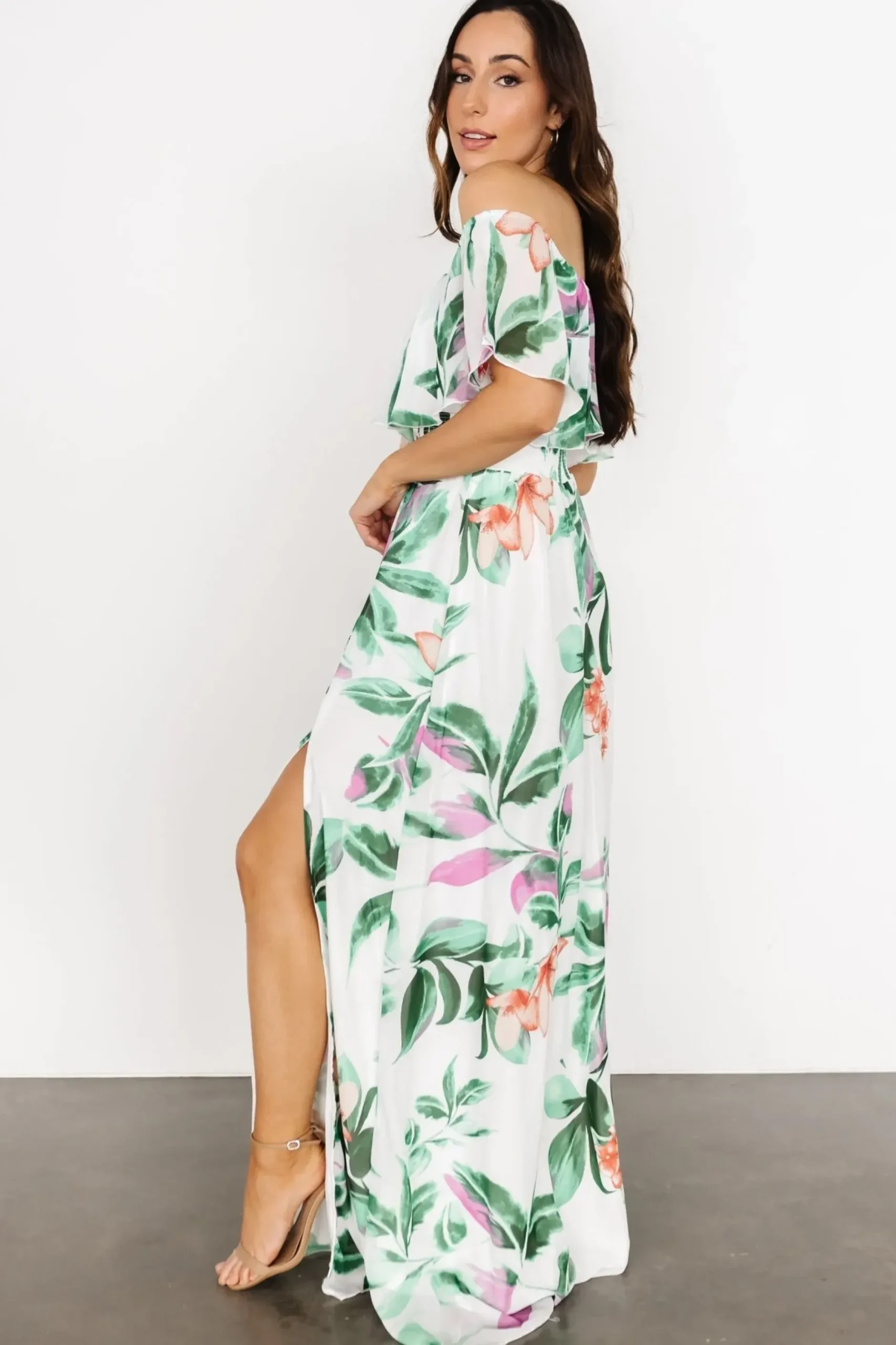 Baltic Born maxi dresses|Daphne Off Shoulder Maxi Dress | White + Green Multi Floral