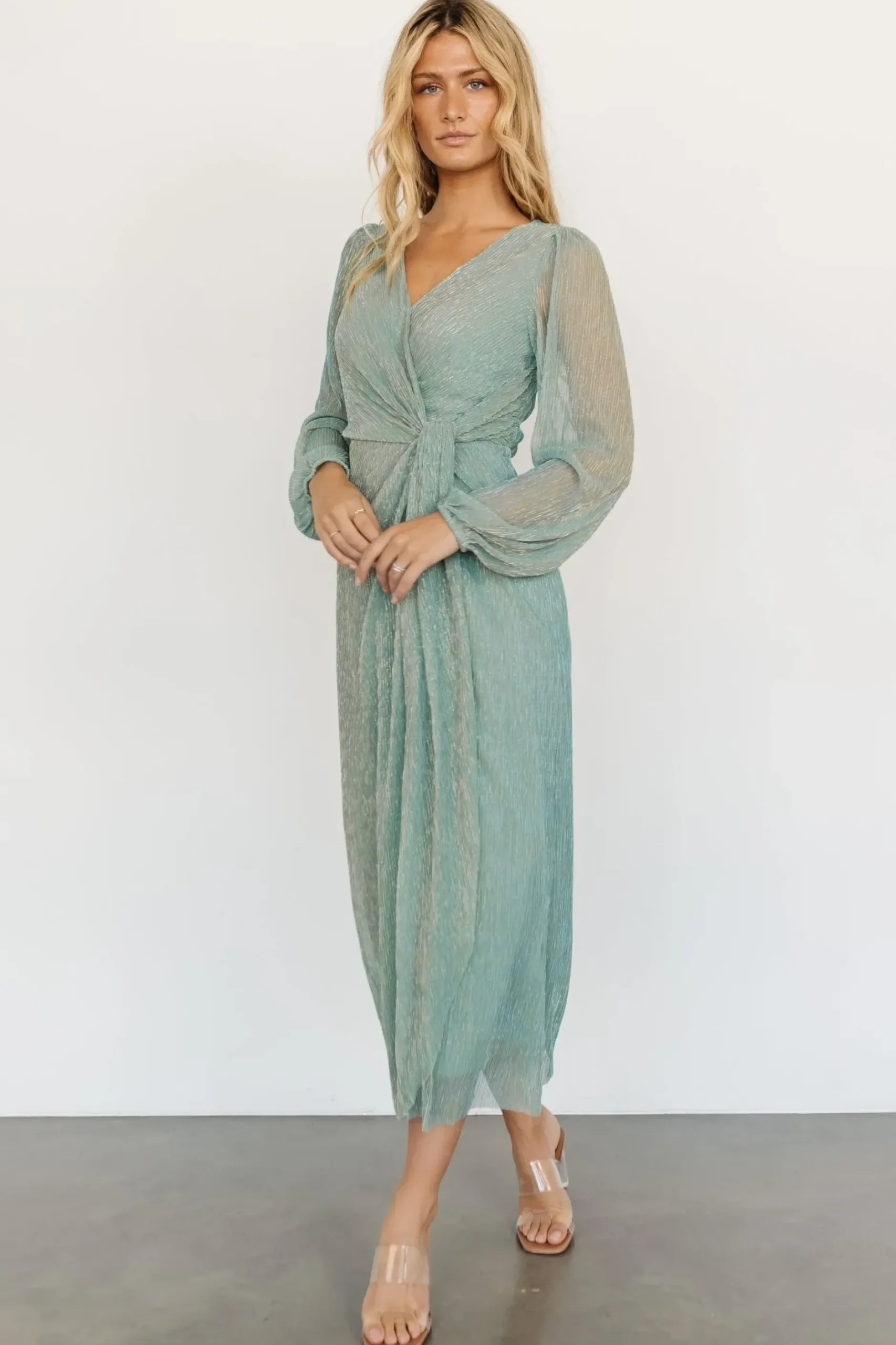 Baltic Born WEDDING SUITE|wedding guest|Devlyn Pleated Dress | Blue Sage Shimmer