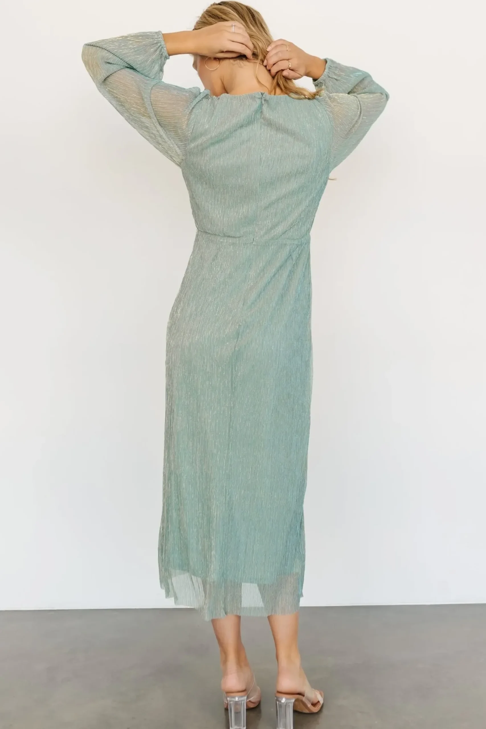Baltic Born WEDDING SUITE|wedding guest|Devlyn Pleated Dress | Blue Sage Shimmer