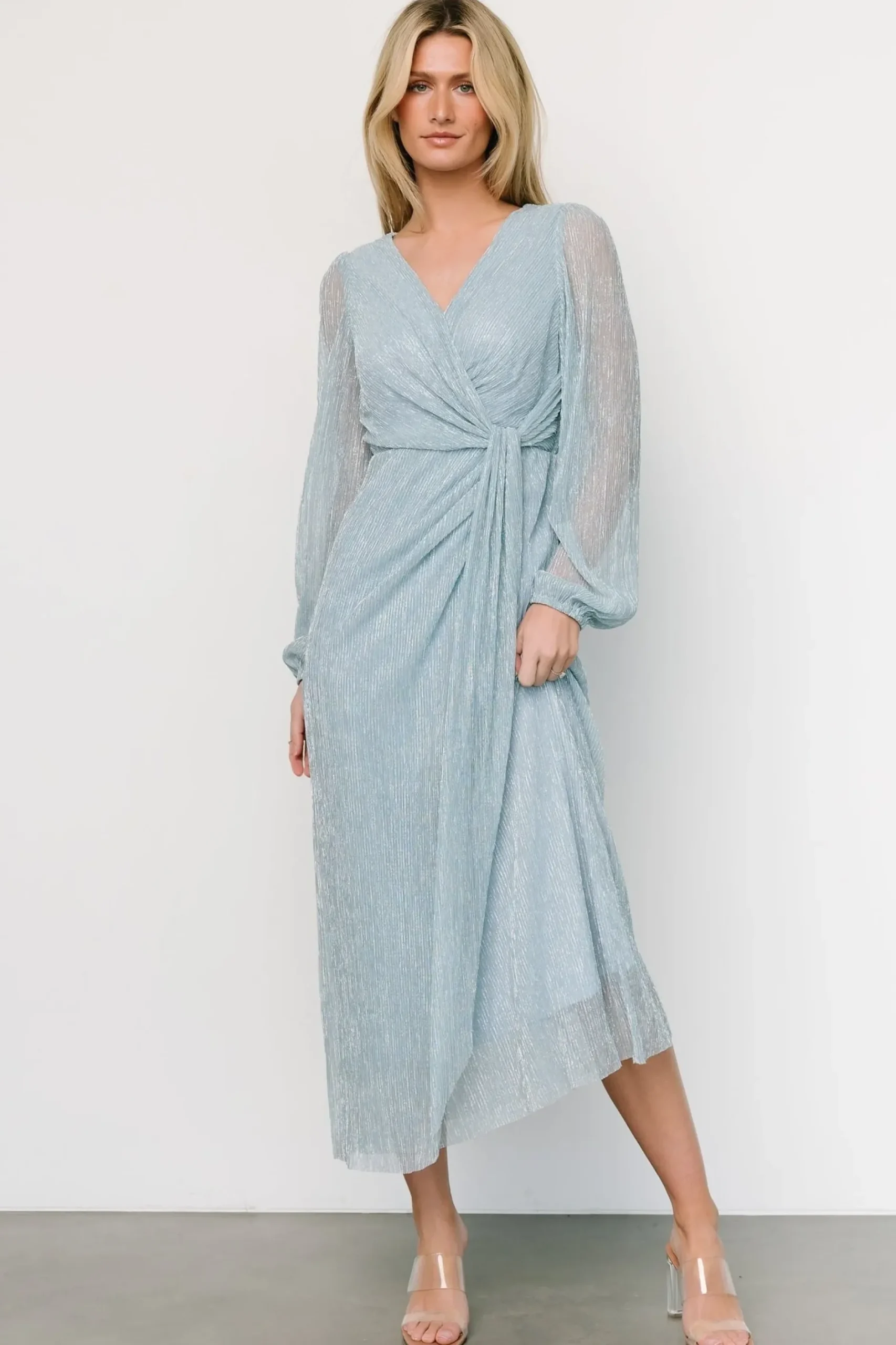 Baltic Born WEDDING SUITE|wedding guest|Devlyn Pleated Dress | Dusty Blue Shimmer
