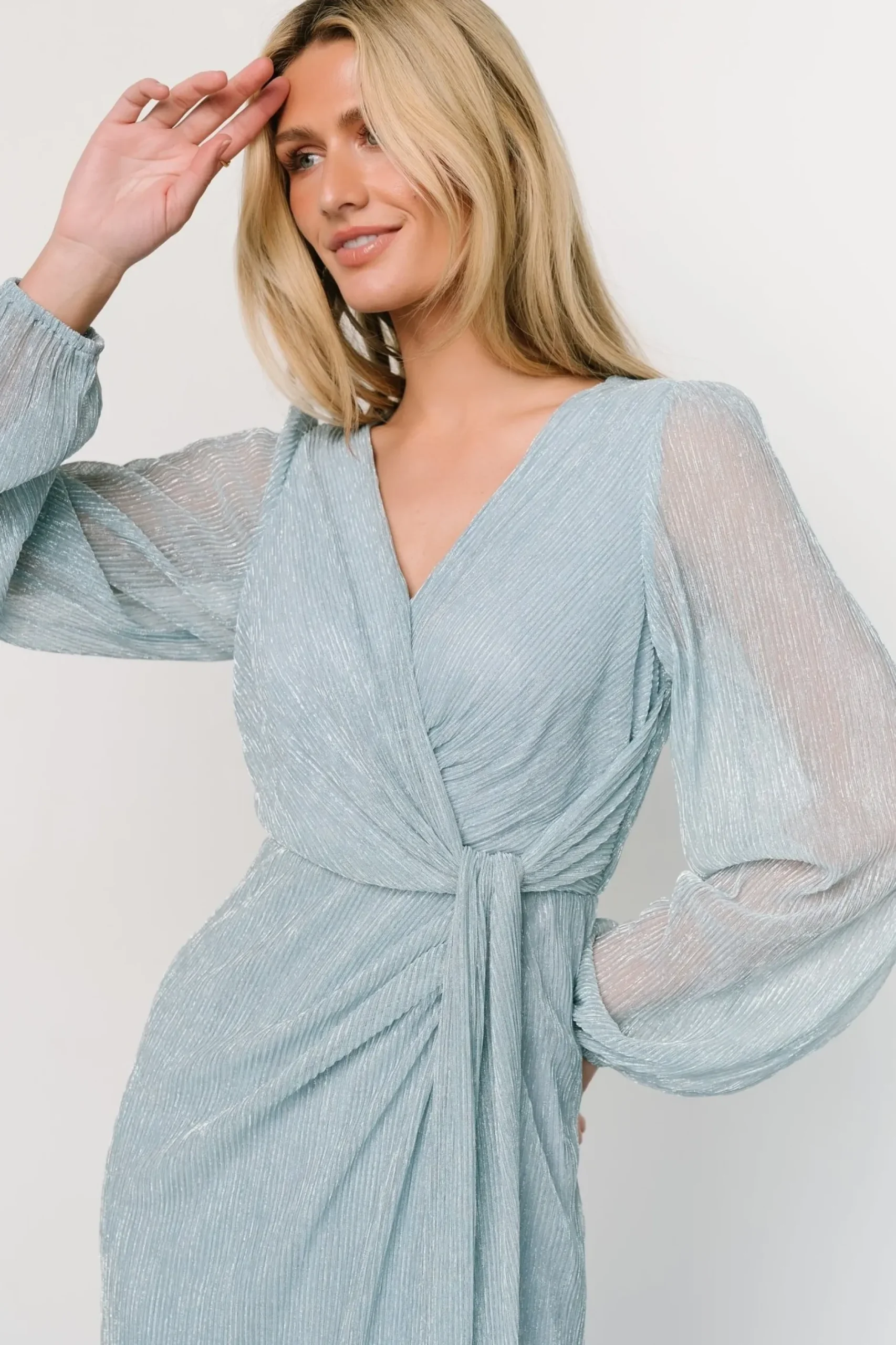 Baltic Born WEDDING SUITE|wedding guest|Devlyn Pleated Dress | Dusty Blue Shimmer