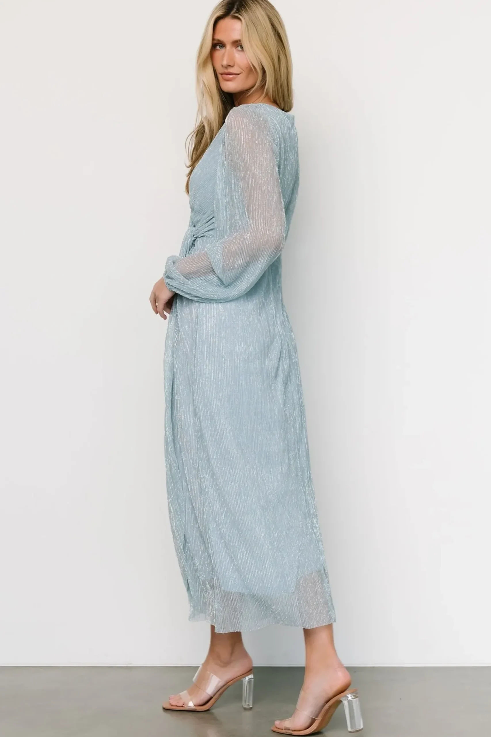 Baltic Born WEDDING SUITE|wedding guest|Devlyn Pleated Dress | Dusty Blue Shimmer