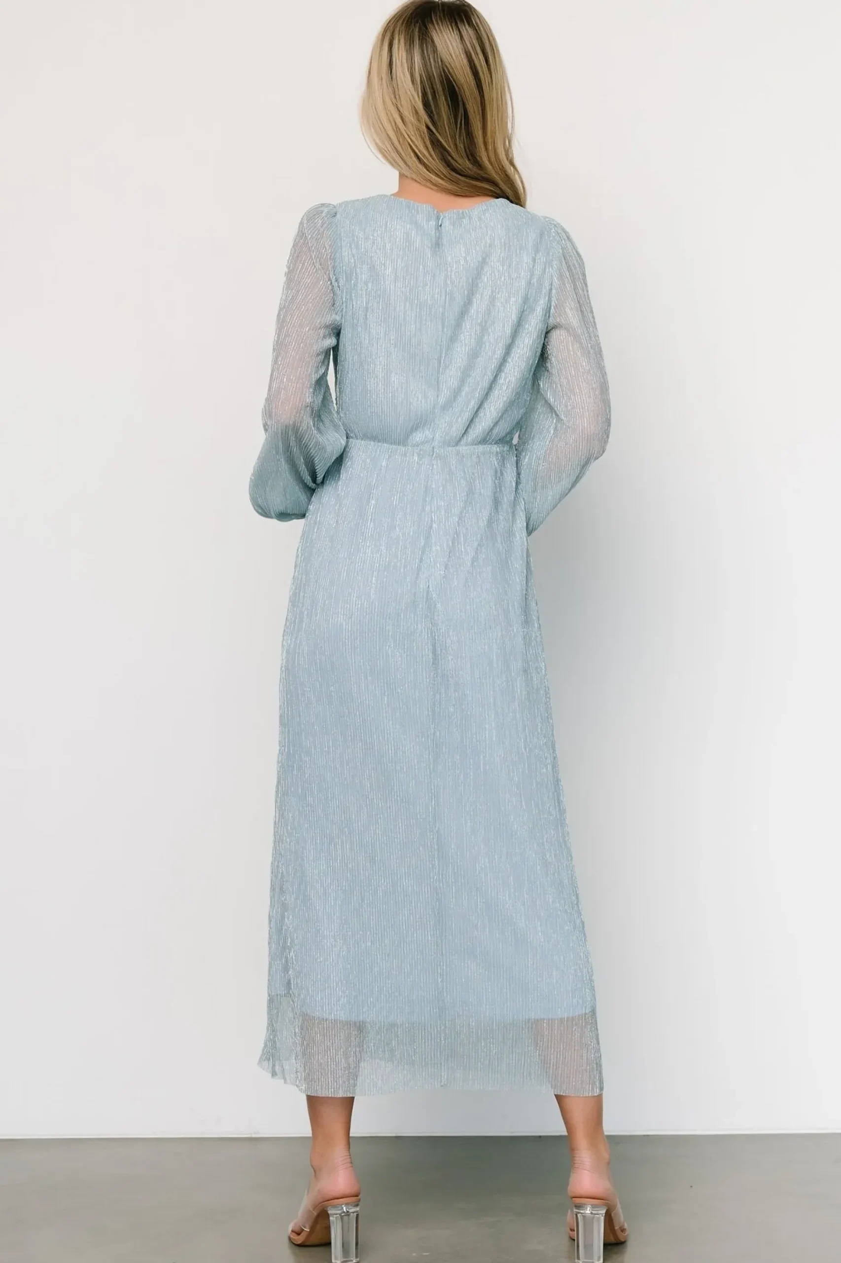 Baltic Born WEDDING SUITE|wedding guest|Devlyn Pleated Dress | Dusty Blue Shimmer