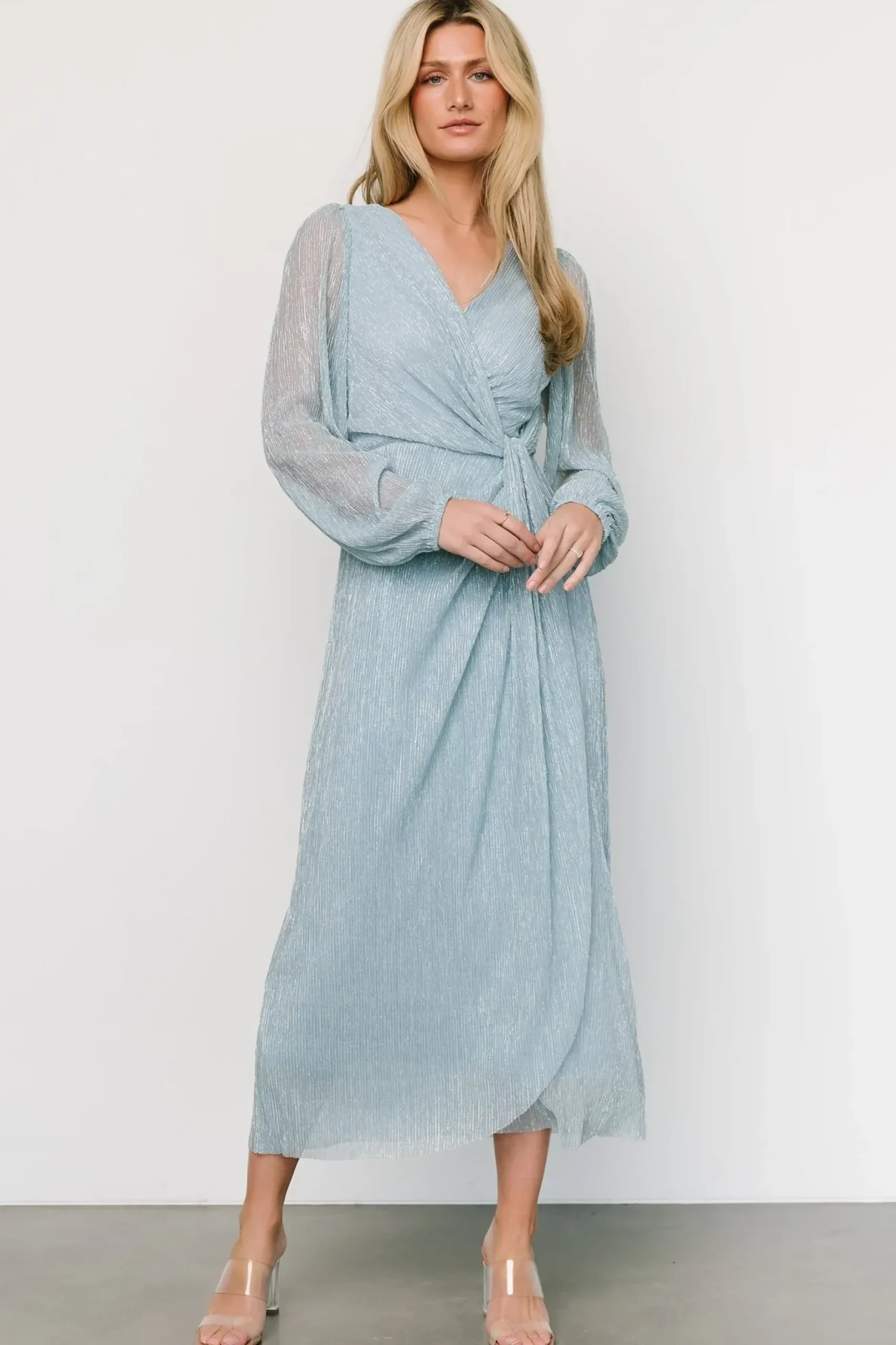 Baltic Born WEDDING SUITE|wedding guest|Devlyn Pleated Dress | Dusty Blue Shimmer