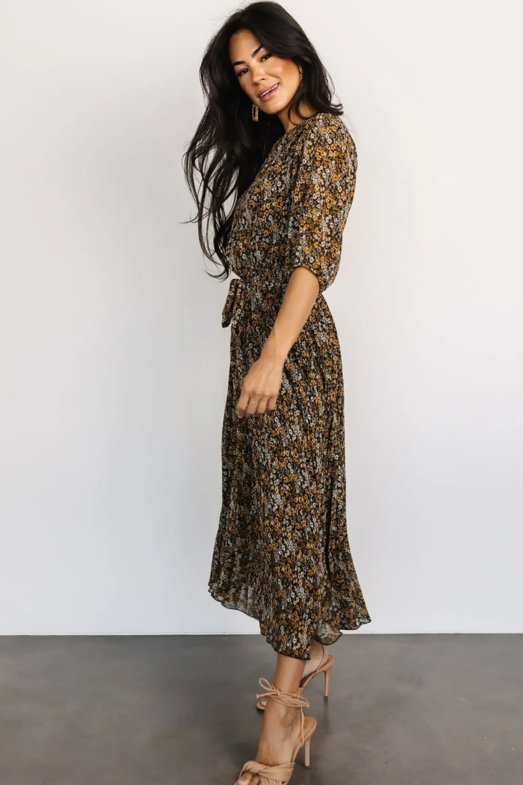 Baltic Born midi dresses|bump friendly|Eileen Pleated Dress | Midnight Garden Print