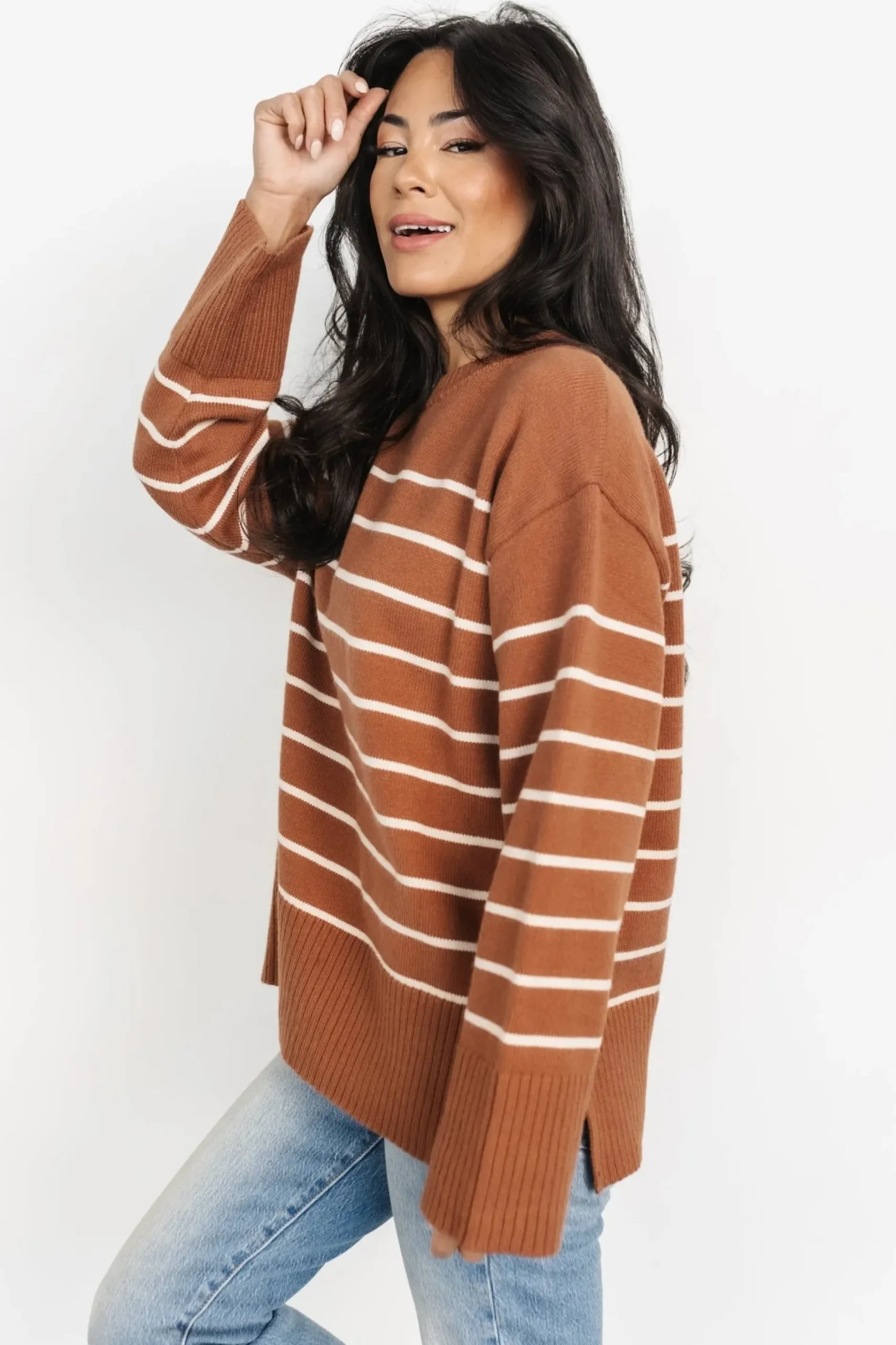 Baltic Born sweaters|EXTENDED SIZING|Emerson Stripe Knit Sweater | Dark Camel + Ivory