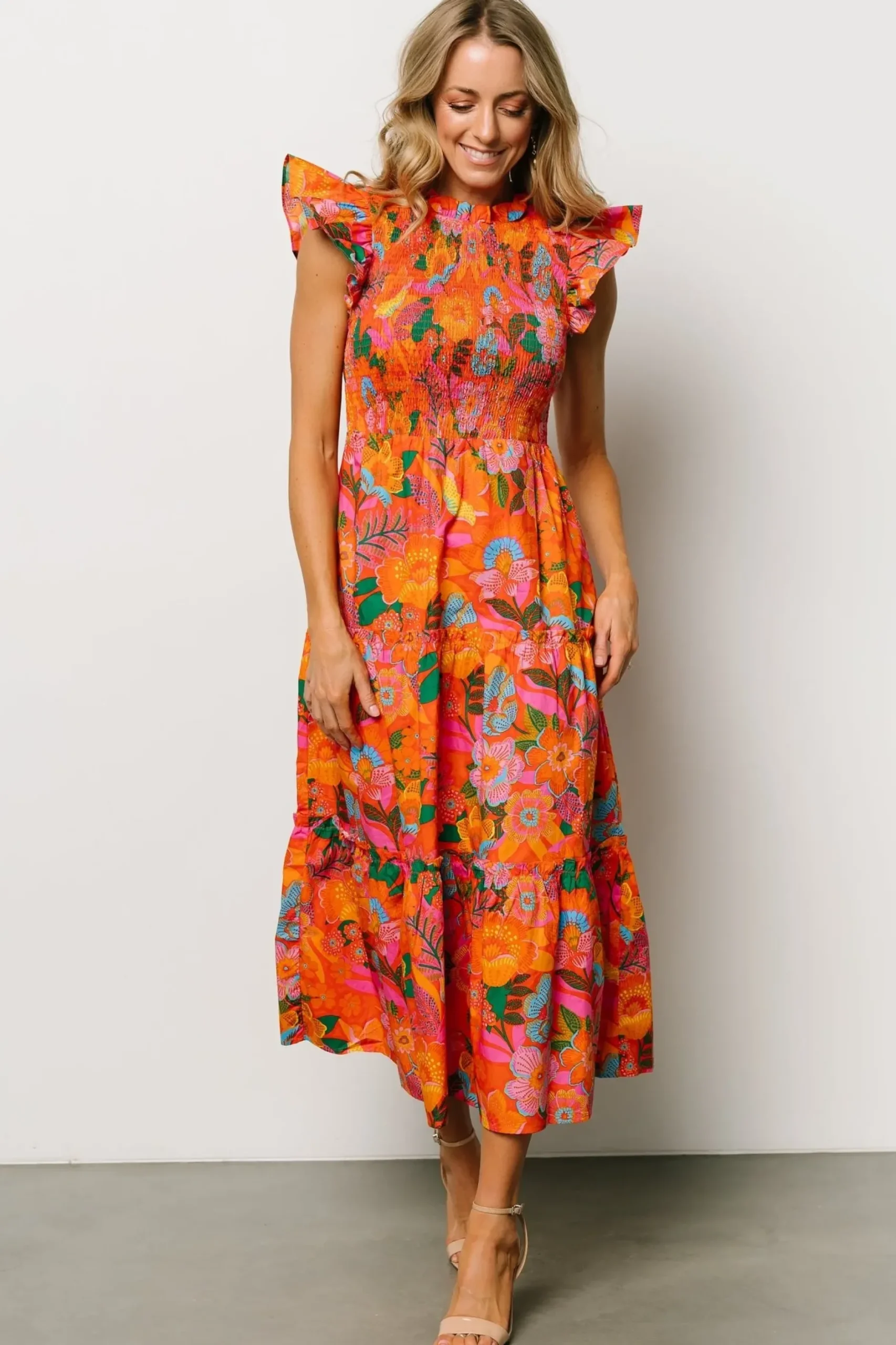 Baltic Born bump friendly|Emily Smocked Tier Dress | Orange Floral
