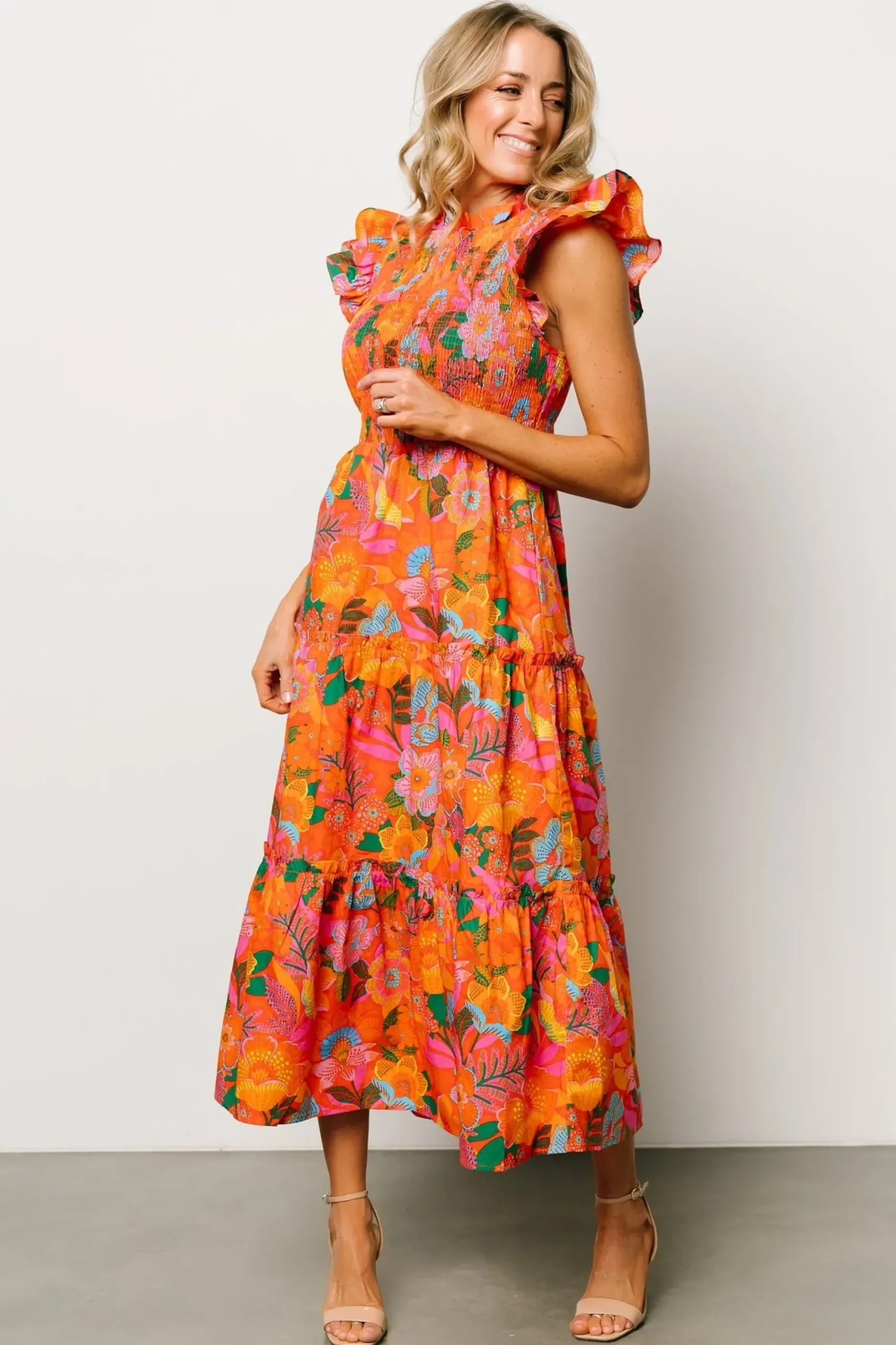 Baltic Born bump friendly|Emily Smocked Tier Dress | Orange Floral