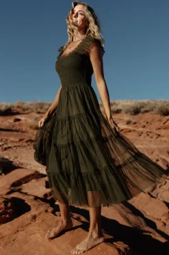 Baltic Born DRESSES|midi dresses|Emma Smocked Tulle Dress | Dark Olive