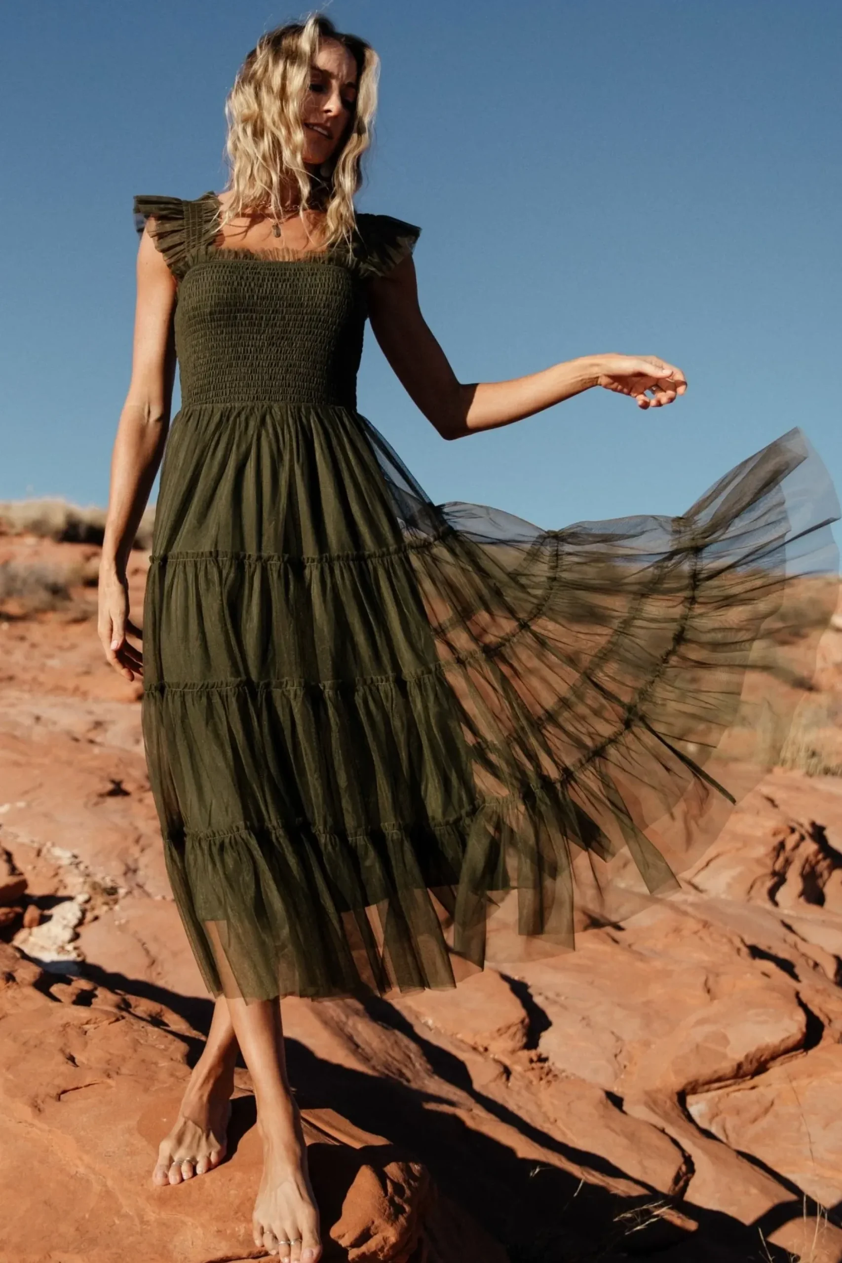 Baltic Born DRESSES|midi dresses|Emma Smocked Tulle Dress | Dark Olive