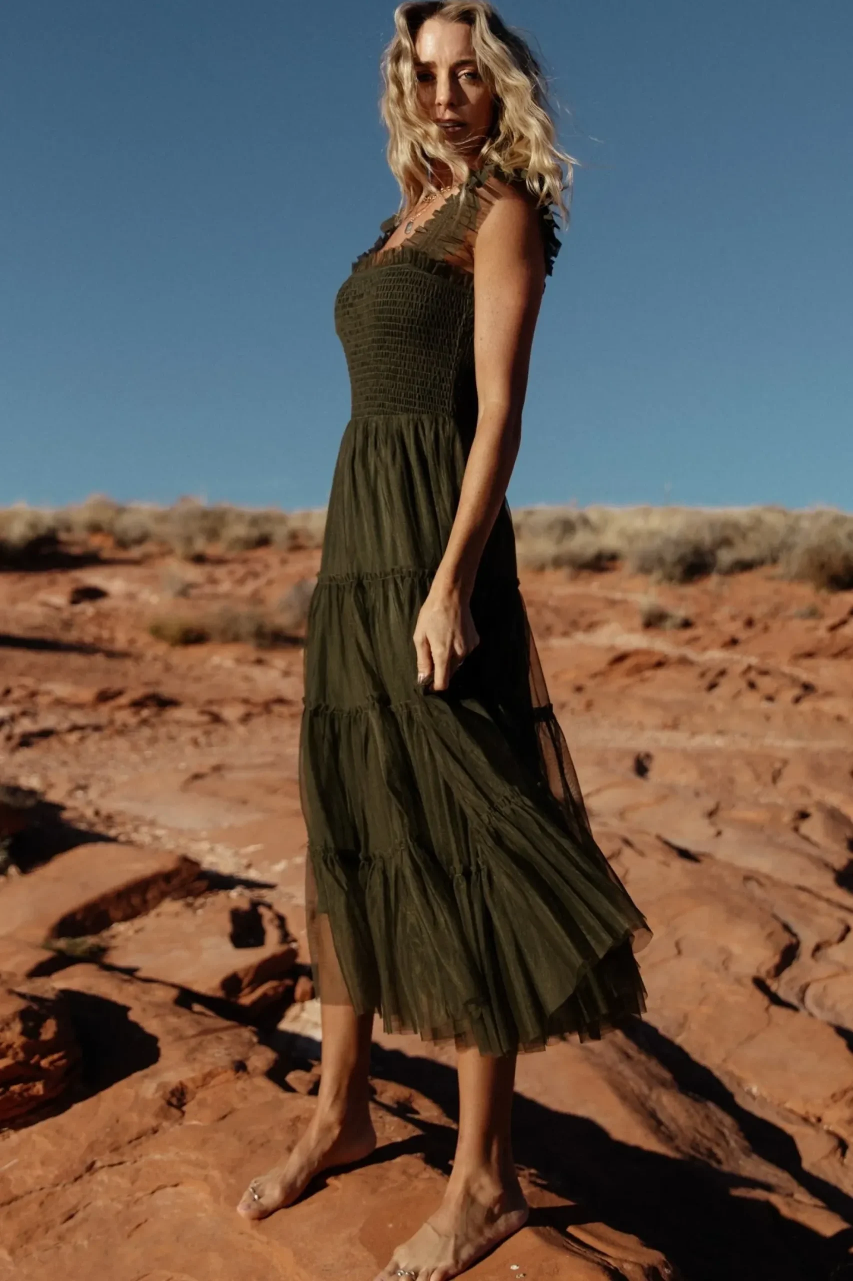 Baltic Born DRESSES|midi dresses|Emma Smocked Tulle Dress | Dark Olive