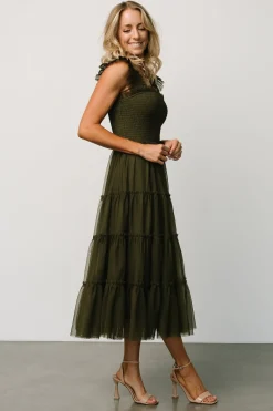 Baltic Born DRESSES|midi dresses|Emma Smocked Tulle Dress | Dark Olive