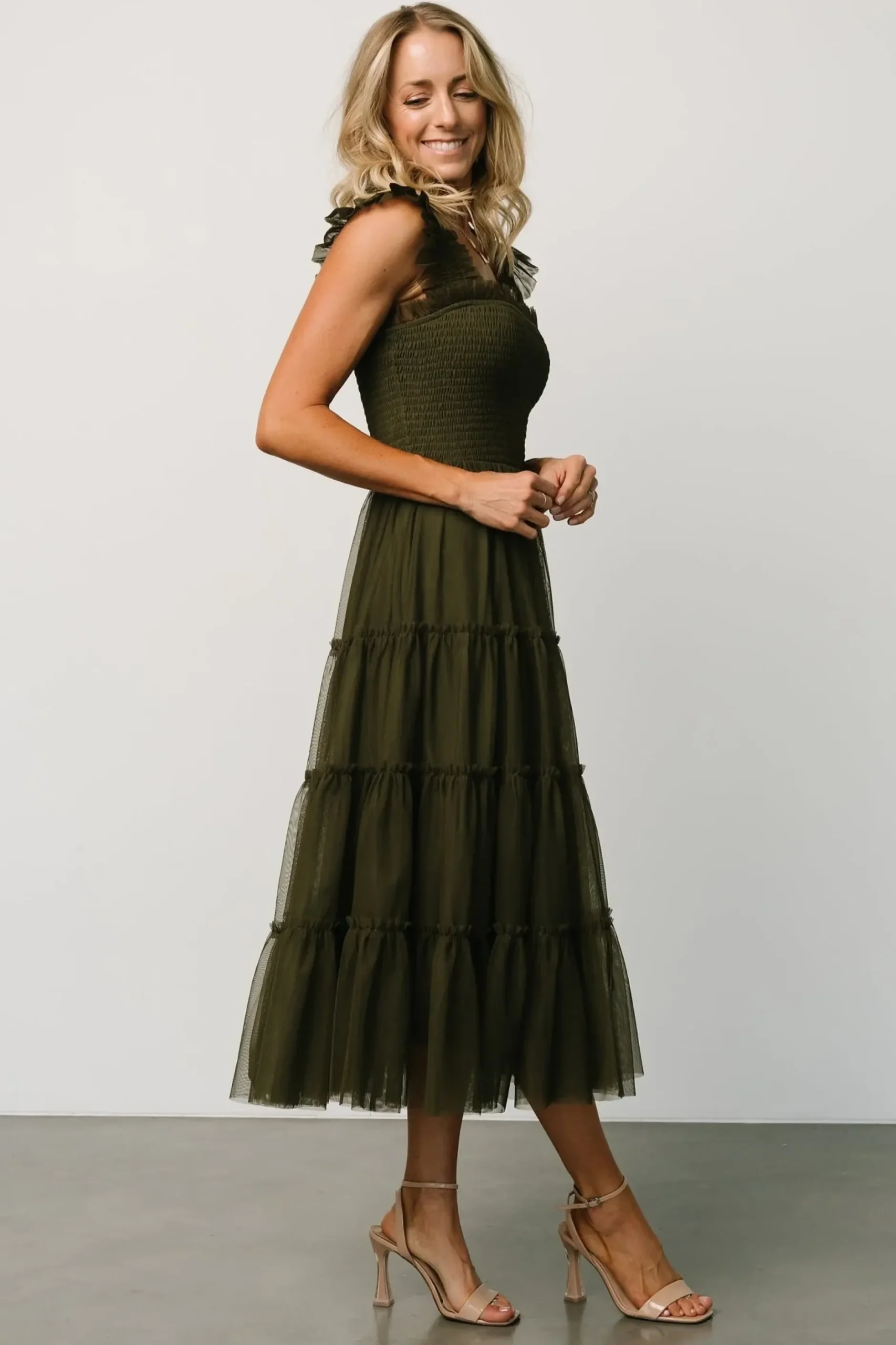 Baltic Born DRESSES|midi dresses|Emma Smocked Tulle Dress | Dark Olive