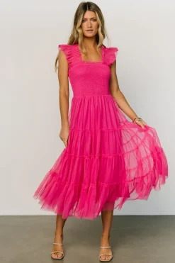 Baltic Born DRESSES|midi dresses|Emma Smocked Tulle Dress | Hot Pink